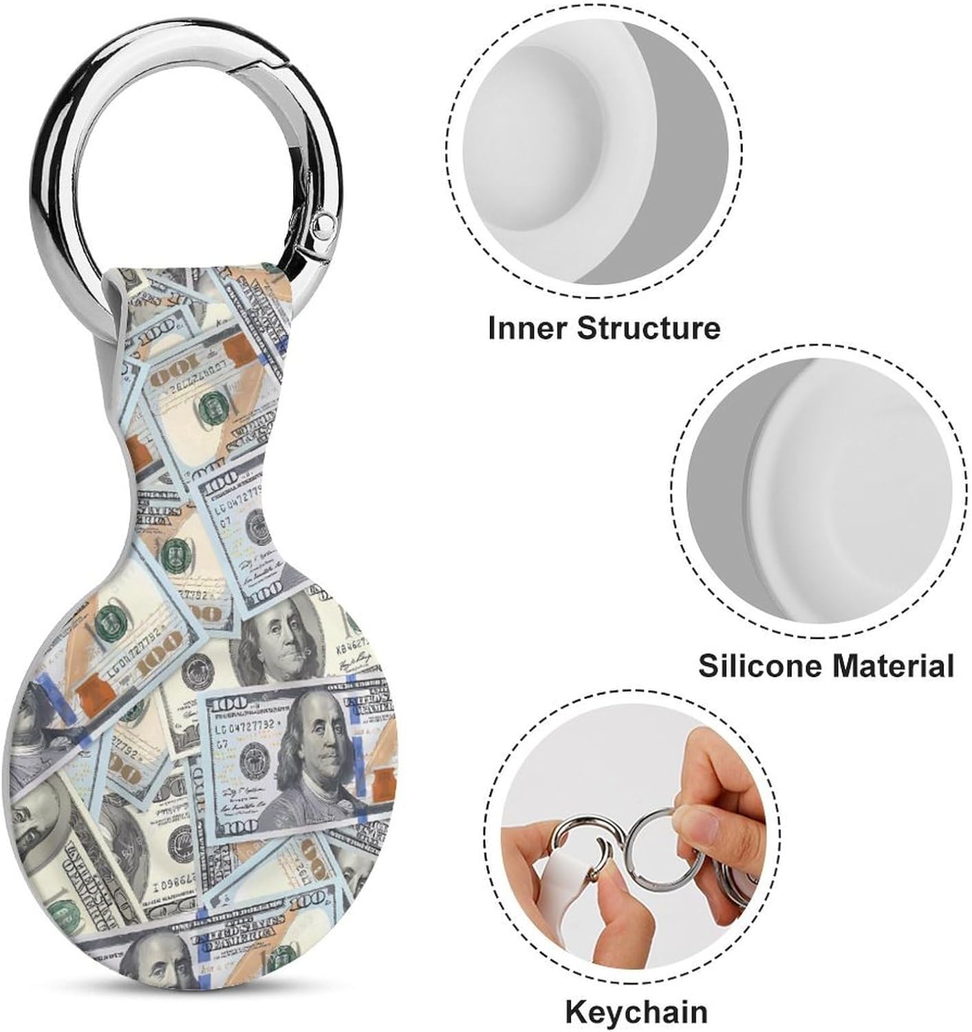 100 Dollar Bills Funny Cover Compatible with AirTag Case Protector GPS Tracker Holder with Keychain
