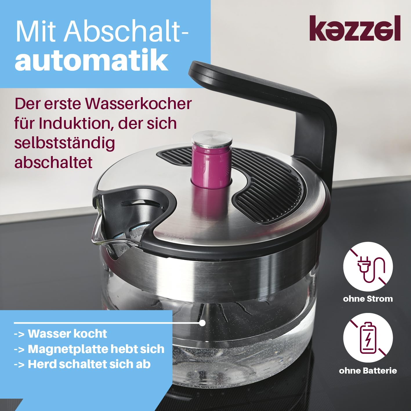 Kezzel® innovativer Wasserkessel für Induktionsherde 1,5 Liter | Automatische Abschaltfunktion, kein Überkochen | Minimalistisches Design, Edelstahl & Glas, leicht zu reinigen, spülmaschinengeeignet