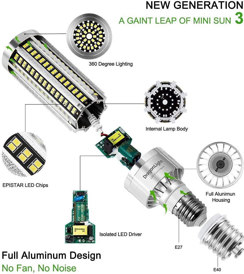 DragonLight 60W Superhell lüfterlos LED-Leuchtmittel, entspricht 500 Watt, E27/E40, großer Sockel, LED-Lampe, 6000K Tageslicht, 7200 Lumen für private und gewerbliche Deckenbeleuchtung