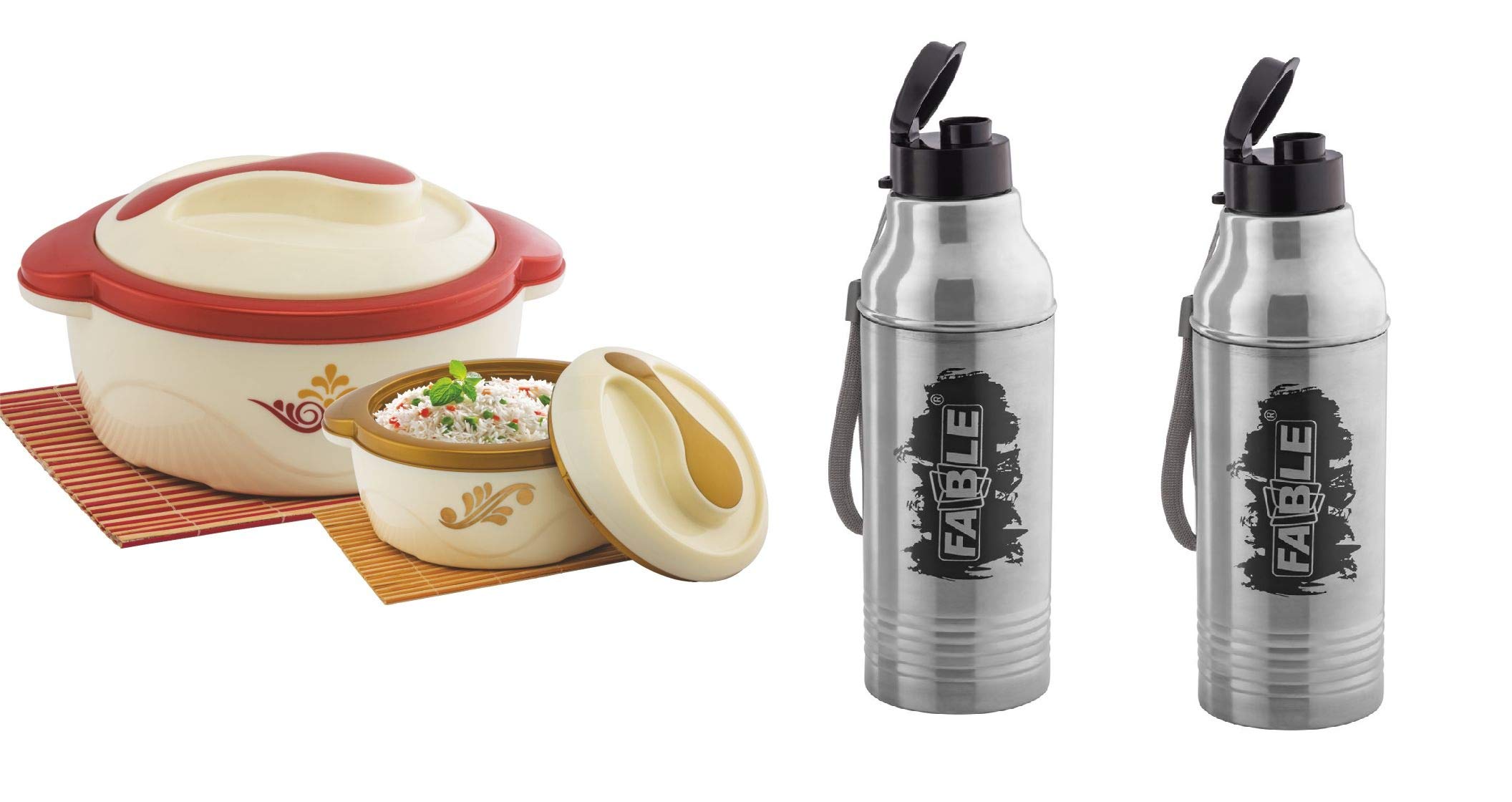 FABLE Fridge Water Bottle/Refrigerator Bottle/Thunder(1000 ML and 1500ML) & Casserole/HotPot,chapati Box/Chapati Container/Hot case (2pc Casserole and 2Pic Bottle)(Pack of 4)