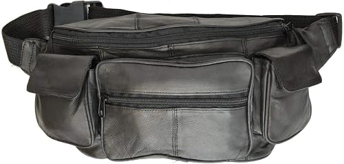 New Large Genuine Leather Waist Bag Fanny Pack with Two Cell Phone Pockets and Six Exterior Pockets