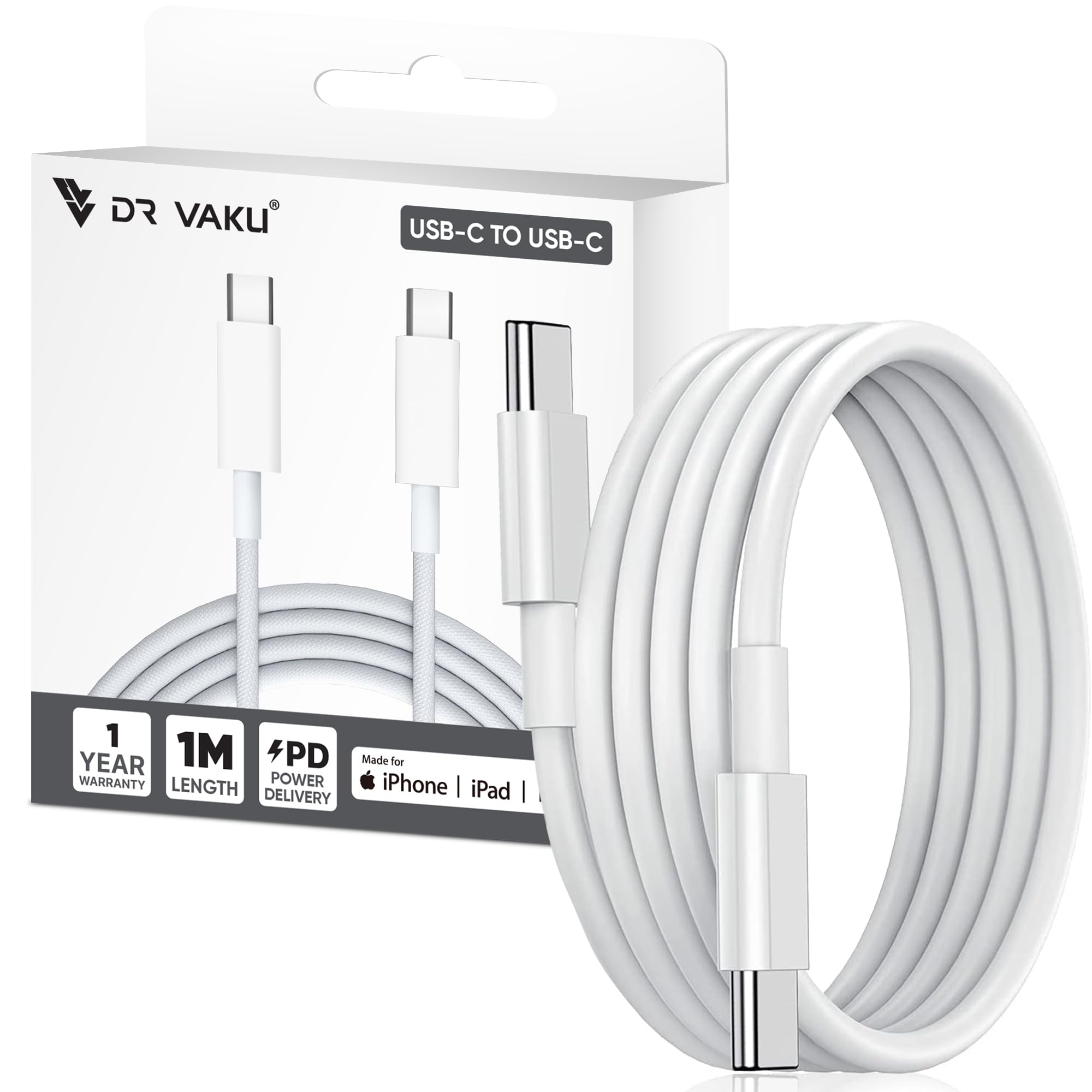 DR VAKU 1 Meter Nylon Braided Type C To Type C Cable For iPhone 15/15 Plus/15 Pro/15 Pro Max,Samsung Galaxy S24/S23/S22/S21 Fe,Macbook,Laptop & Other Android Devices,White (B0D1R85RMR) Amazon Price History, Amazon Price Tracker