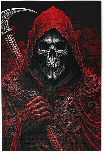 HERRECX Rompecabezas de 1000 piezas  Skull Grim Reaper Sickle Dark Gothic Red Wood Puzzle para adultos, adolescentes, juego familiar, juguetes