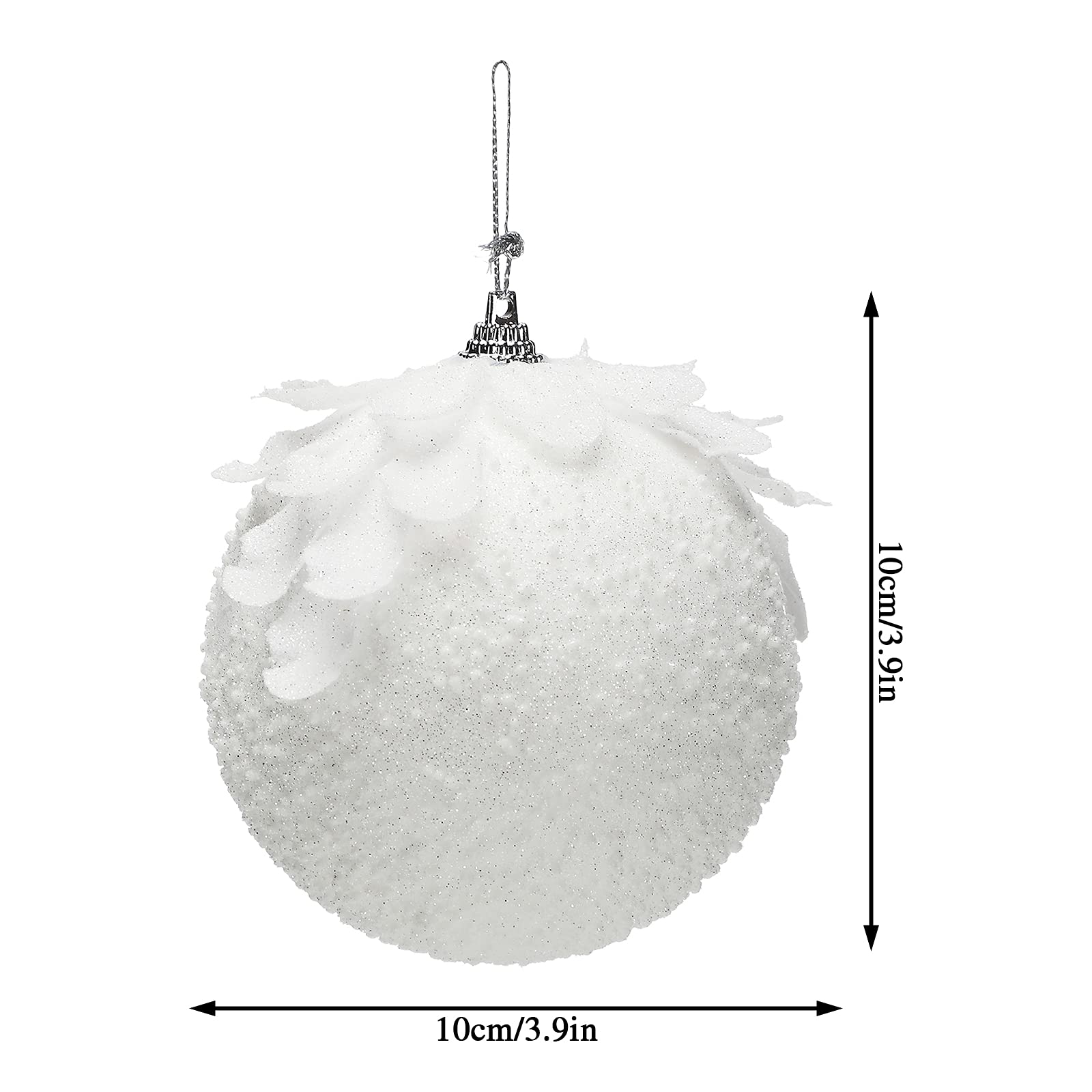 Bolas de Navidad, suministros de decoración, 6 piezas colgantes de bolas de Navidad, bolas colgantes de espuma con purpurina blanca como la nieve de 3,9 pulgadas con pétalo, adornos de bolas de árbol