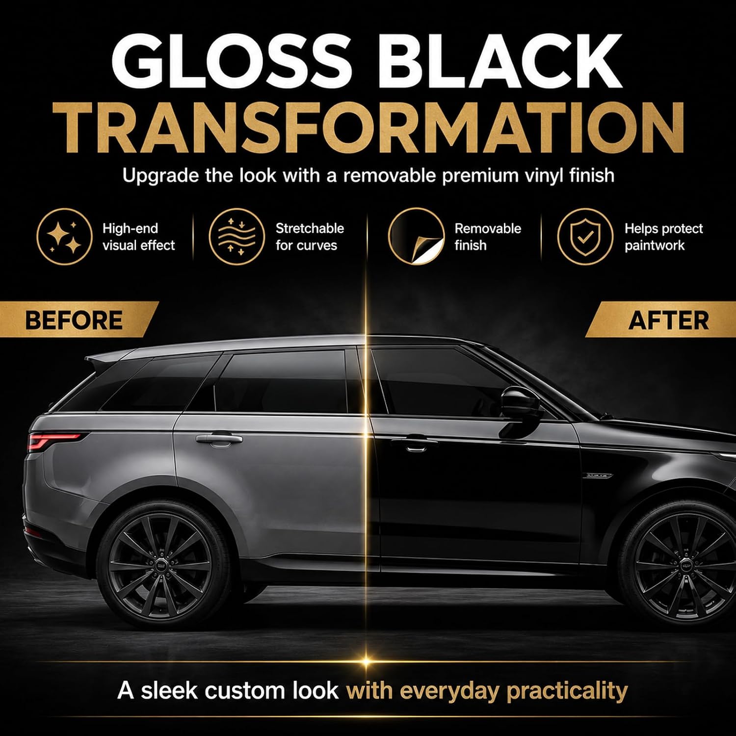 Car Wrap for Body Protection Scratch Resistance Air Release Technology 3 X 5FT Gloss Black Automotive Vinyl Wrap