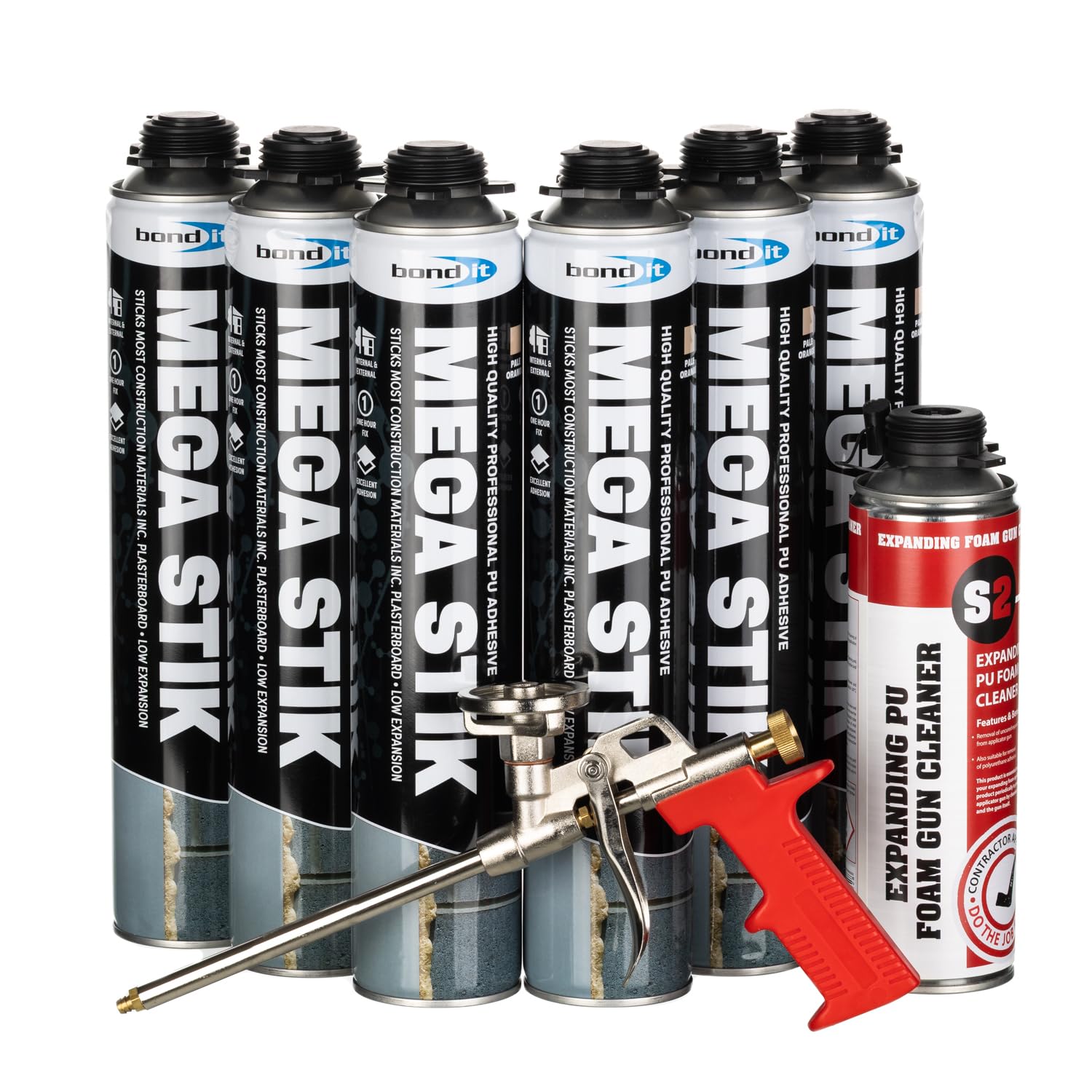 Bond-It Mega Stik PU Adhesive Foam 750ml | No Mess Construction Foam, Plasterboard Adhesive | Box of 6 + Gun & Gun Cleaner