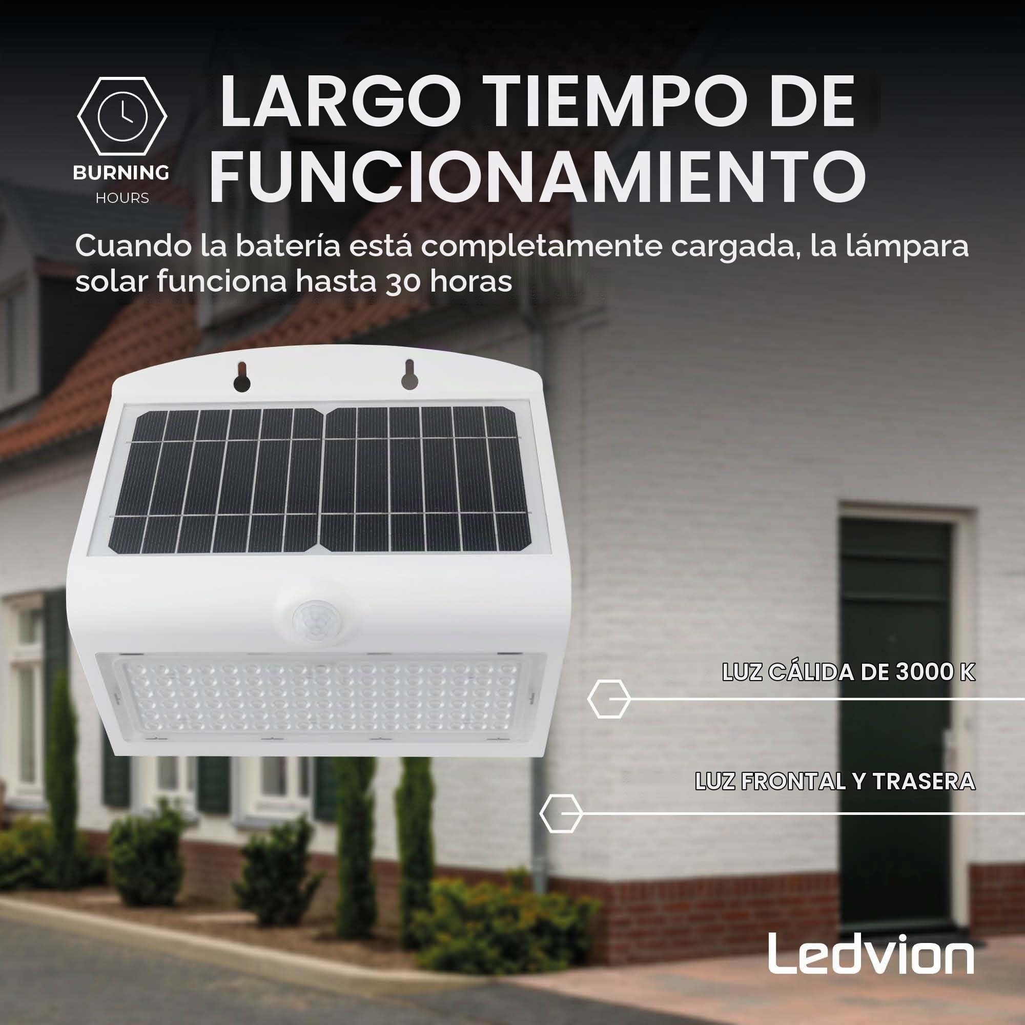 Ledvion - Applique Solare LED da Parete Moderna, 8W, 3000K, IP65, Blanca, 220 Lúmenes, Con Sensor de Movimiento, Energía Solar, Eficiente y Resistente al Clima