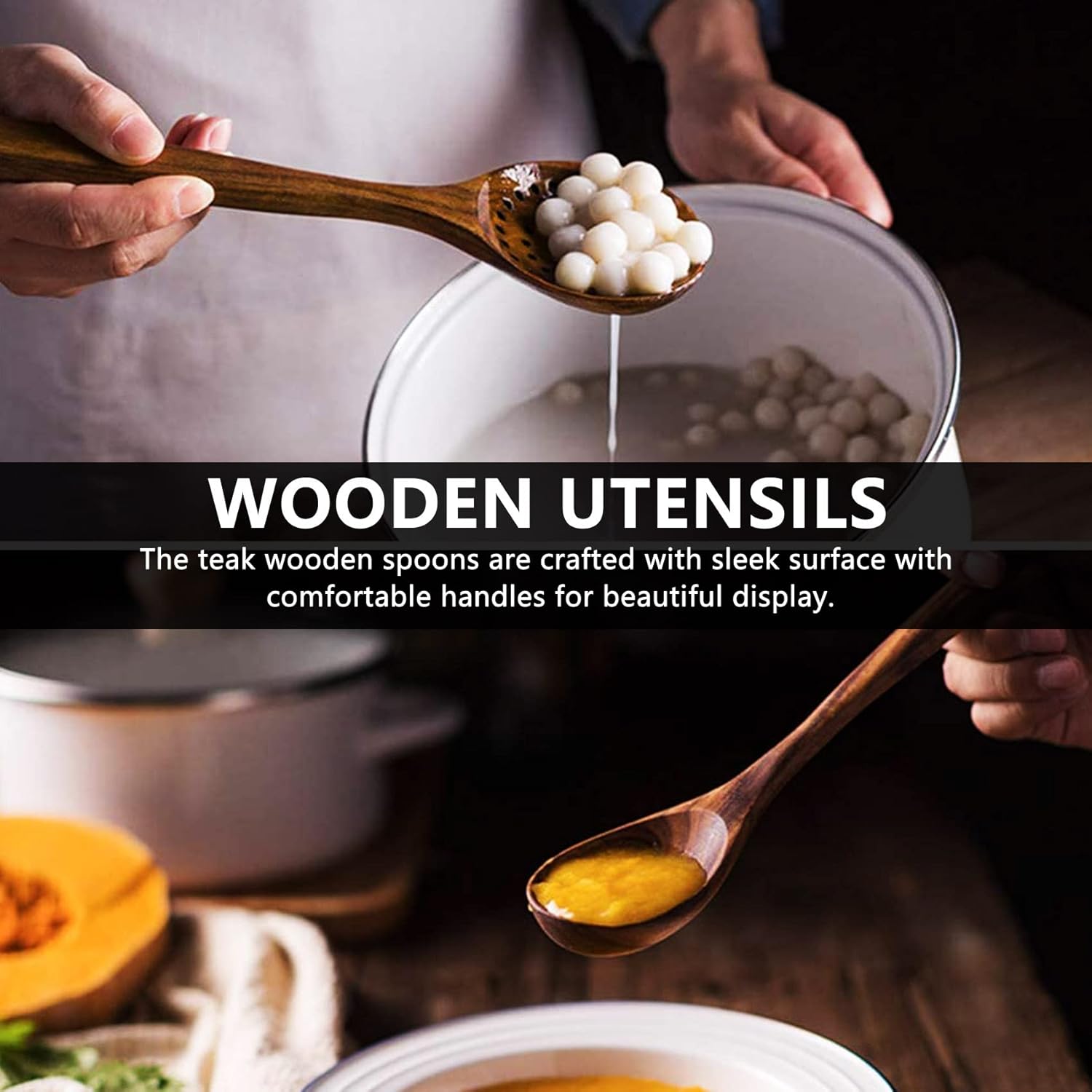 木製食器、スタンド付き、チークキッチン調理食器セット、焦げ付き防止調理器具に最適、木製シャベルスプーン調理、5個