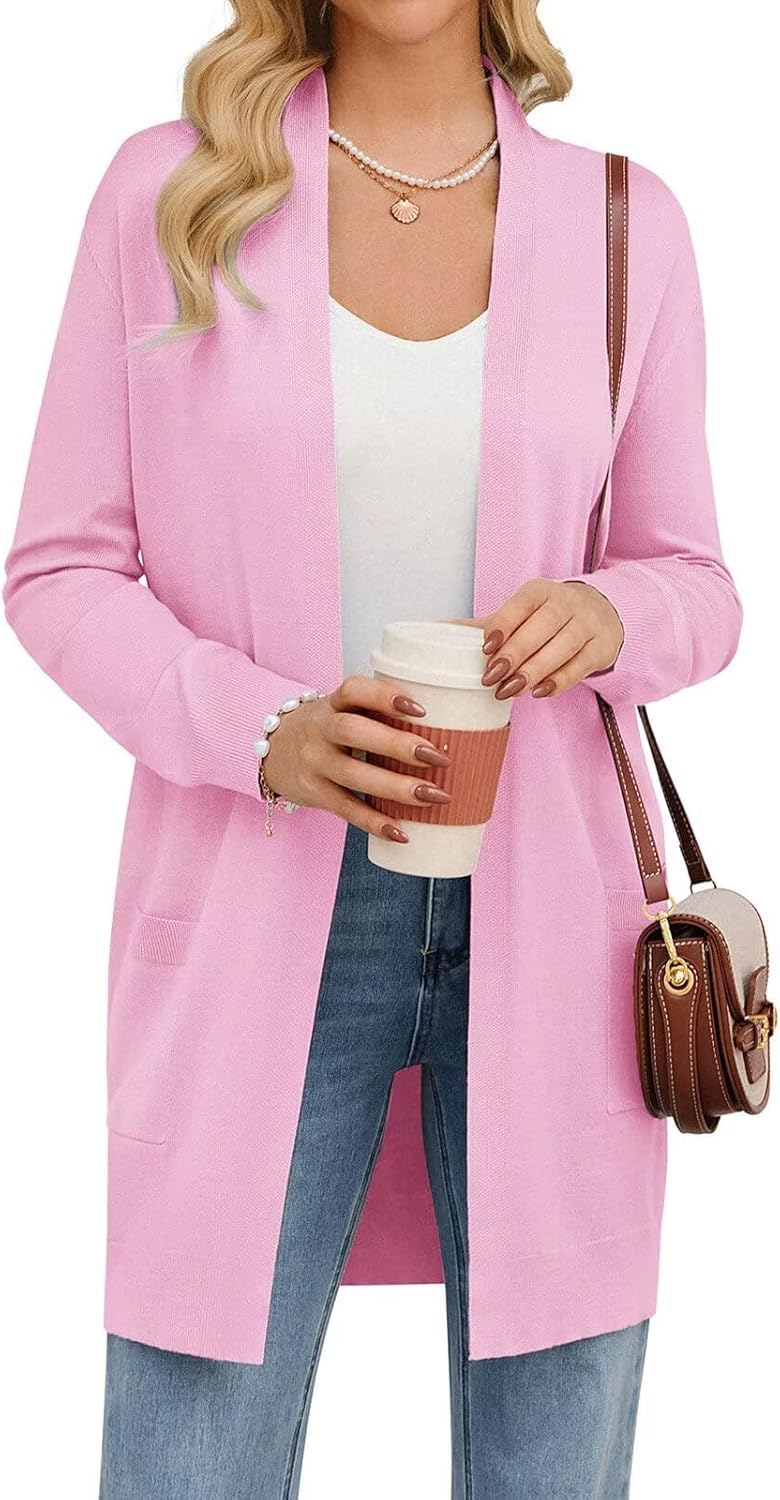 GRACE KARIN Women's Long Cardigan Sweater Open Front Classic Knitted Lightweight Sweater with Pockets