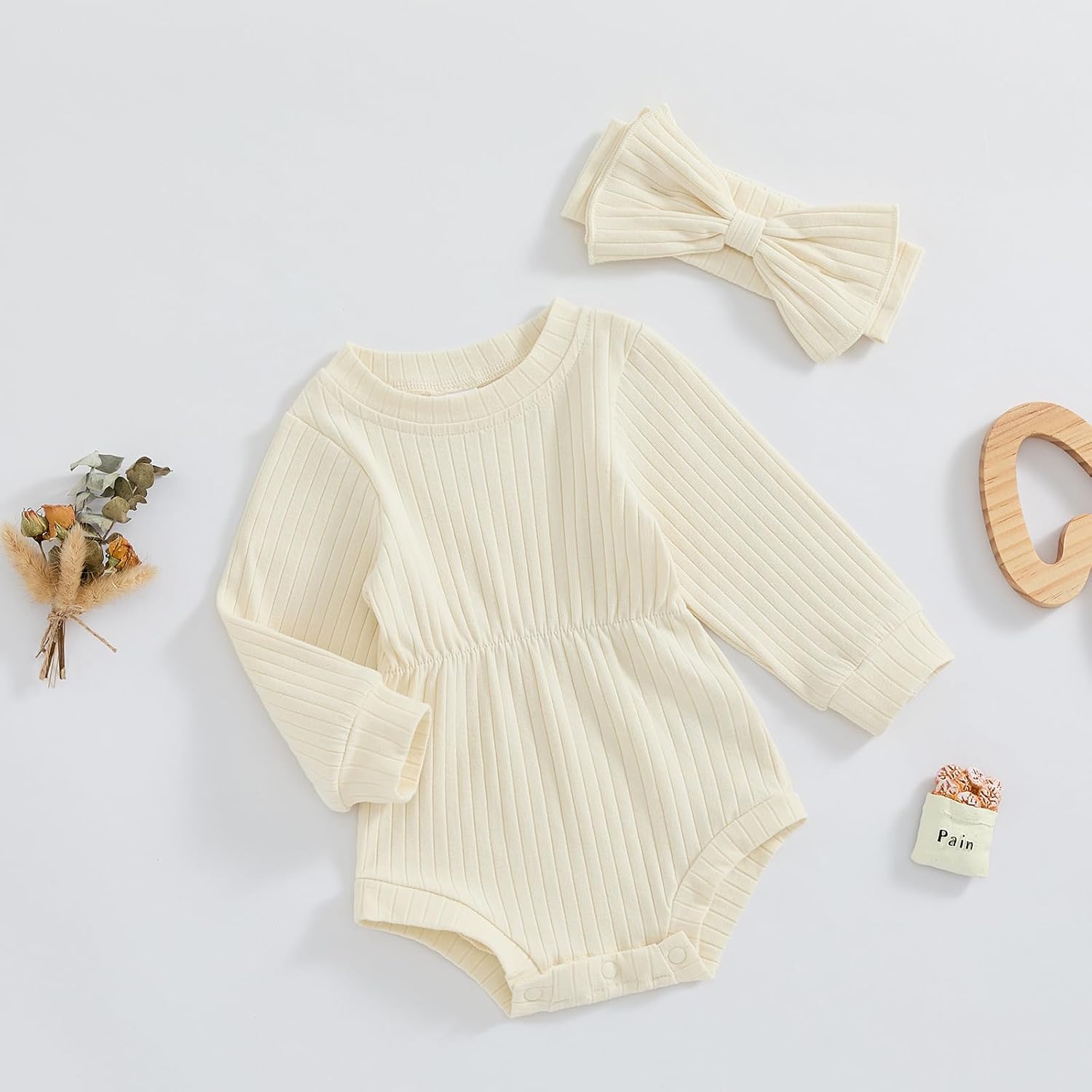 Karwuiio Newborn Baby Girl Fall Outfits Long Sleeve Ribbed Knit Jumpsuit Romper with Headband Infant Clothes Sets - Image 3