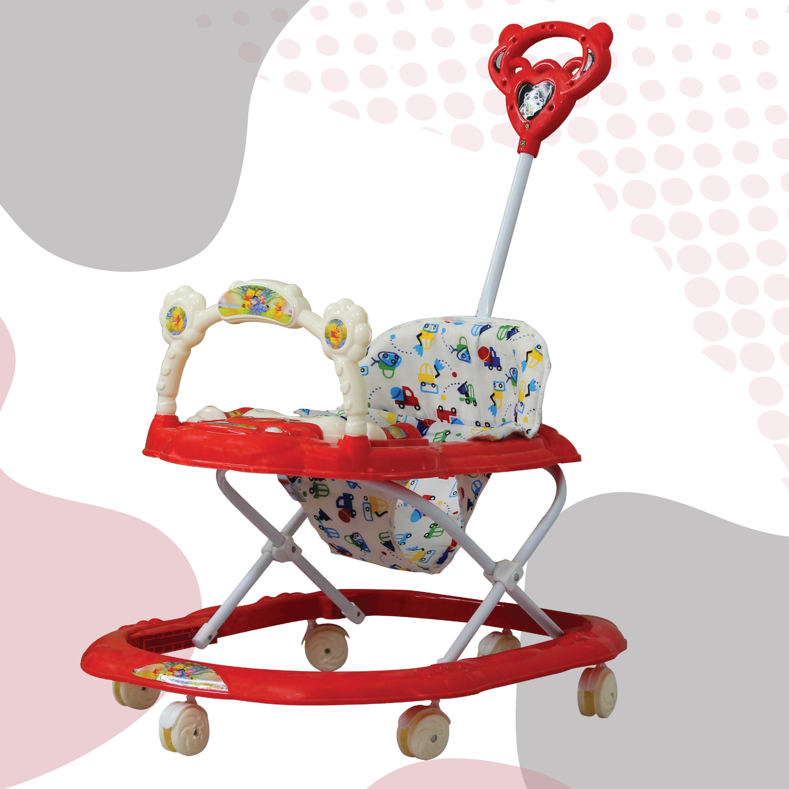 Evolife Baby Olive Walker - Foldable Design with Parent Handle Rod and Big Comfortable Seat Cushion for Babies 6-18 Months - Perfect Baby Toy and Walking Support for Boys and Girls (Red)