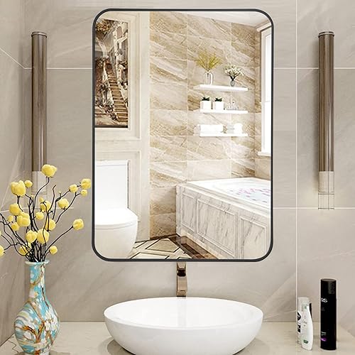 Espejo de pared negro de 20 x 28 pulgadas, espejo rectangular de baño, espejo de tocador para decoración del hogar, espejo de granja para