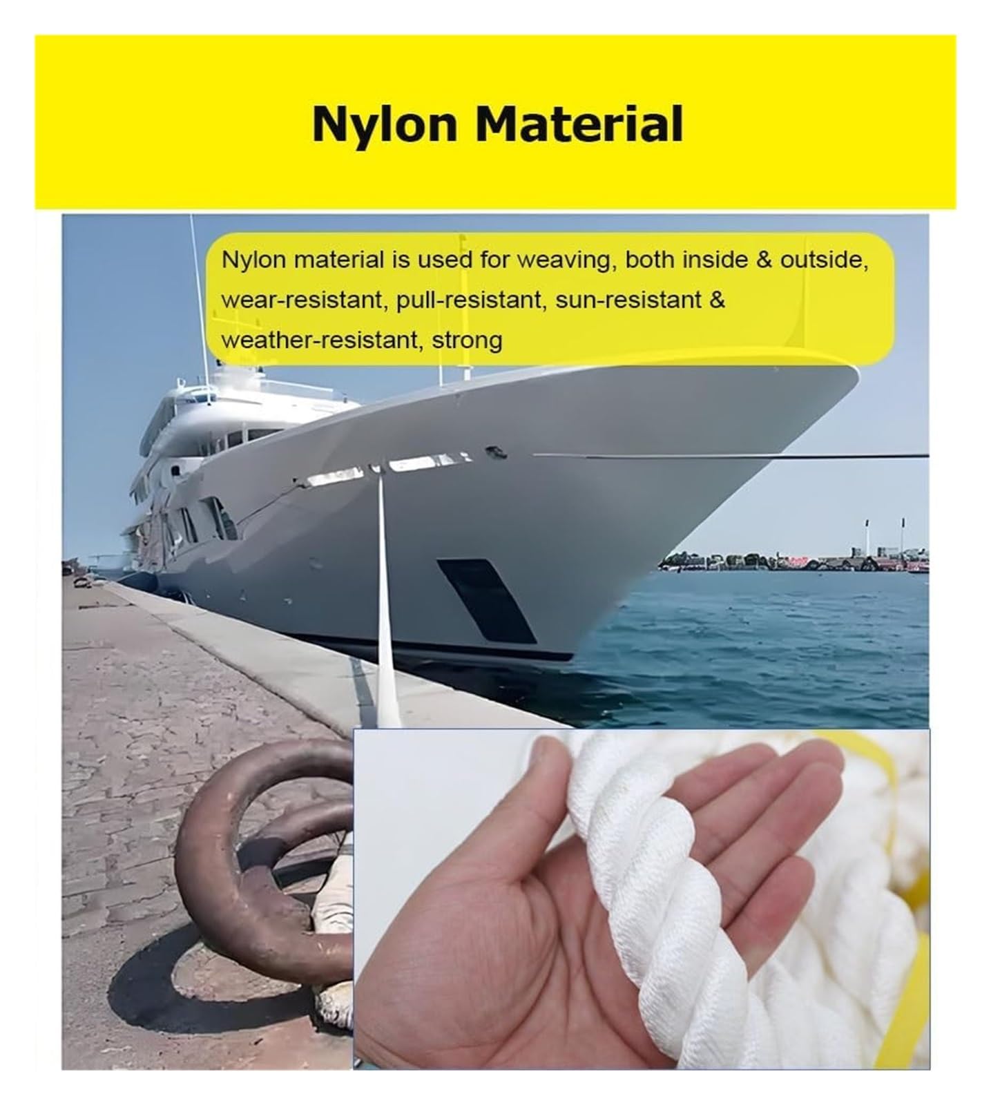 Corda intrecciata in nylon per ormeggio, Cime for ormeggio intrecciate a tre fili in nylon bianco 10-100 m 12-24 mm(22mm/0.87",10m/30')
