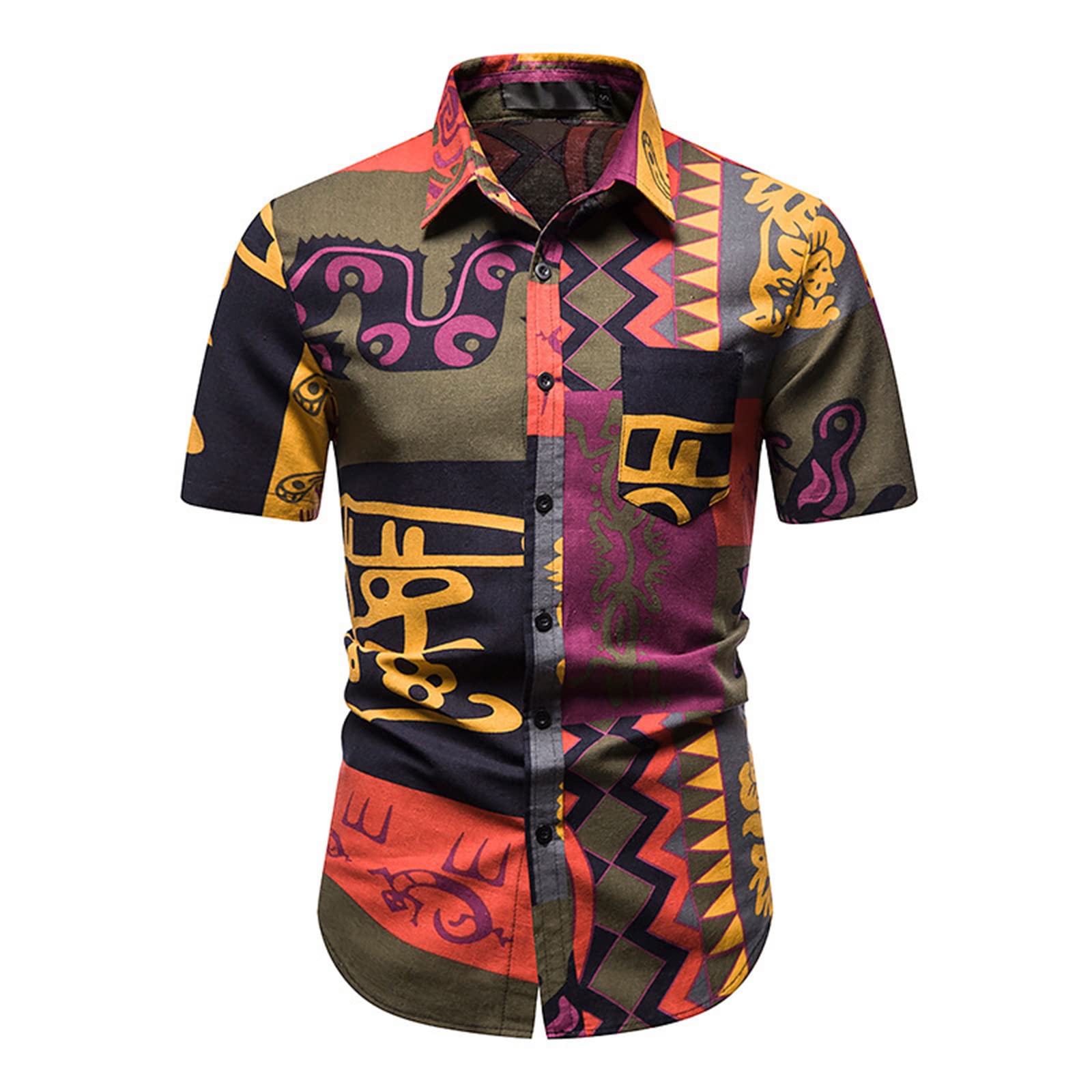 keephen Men's African Print Shirt Short Sleeve Retro Ethnic Casual Button Down Shirt Men's Summer Beach Shirt