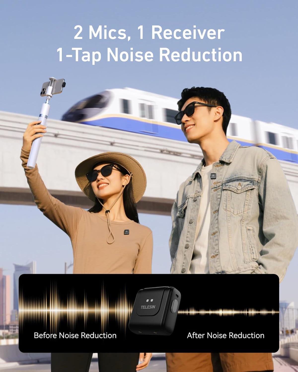 TELESIN Wireless Lavalier Microphone with Charging Case, one-Click Noise Reduction 32KHz 24Bit 22H Battery for Video Recording Type C Fit iPhone 17 16 15 14 Series/SamrtPhone/PC/Laptop/Camera