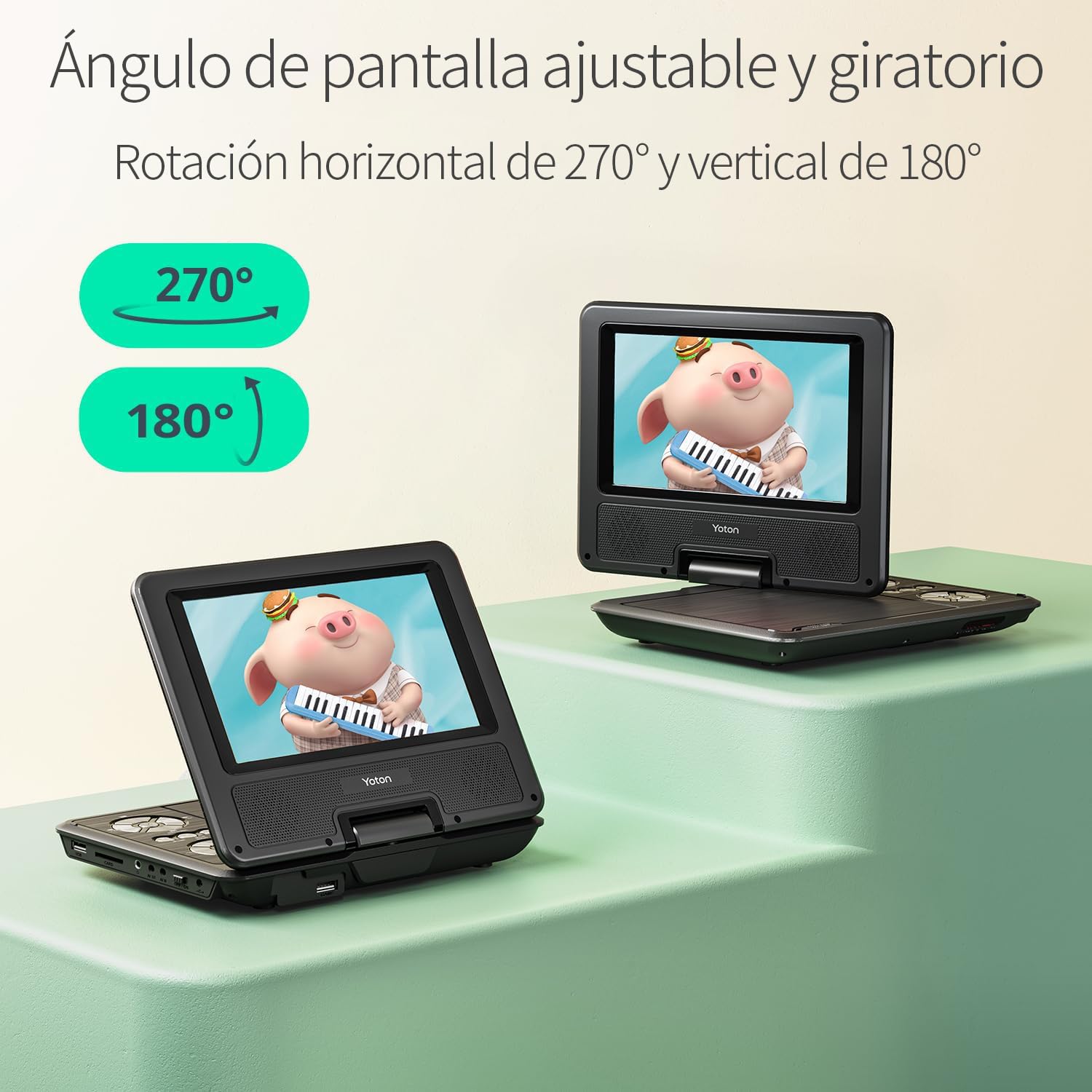 Reproductor DVD portátil Yoton de 9.5", con pantalla giratoria HD de 7.5" para niños, altavoces estéreo, batería interna con autonomía de hasta 6 horas, compatible con sincronización TV/USB/tarjeta SD