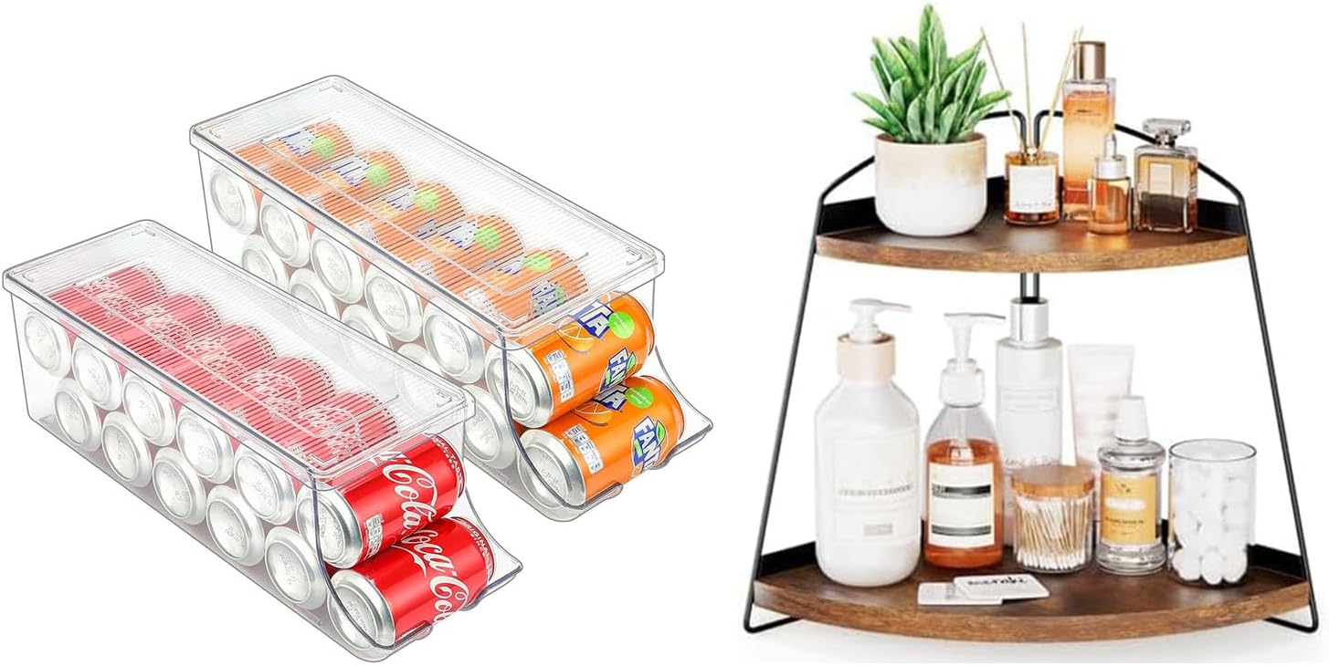 Puricon 2 Pack Soda Can Organizer Dispenser for Refrigerator Bundle with Corner Bathroom Counter Organizer(1 Pack Brown)