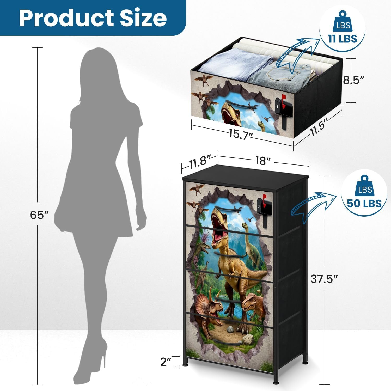Dresser for Bedroom Dresser for Closet 3D Dinosaur Dino Crack Hole Animal Dinosaurs Nursery Dressers & Chests of Drawers Fabric Closet Organizers and Storage with 4 Drawers