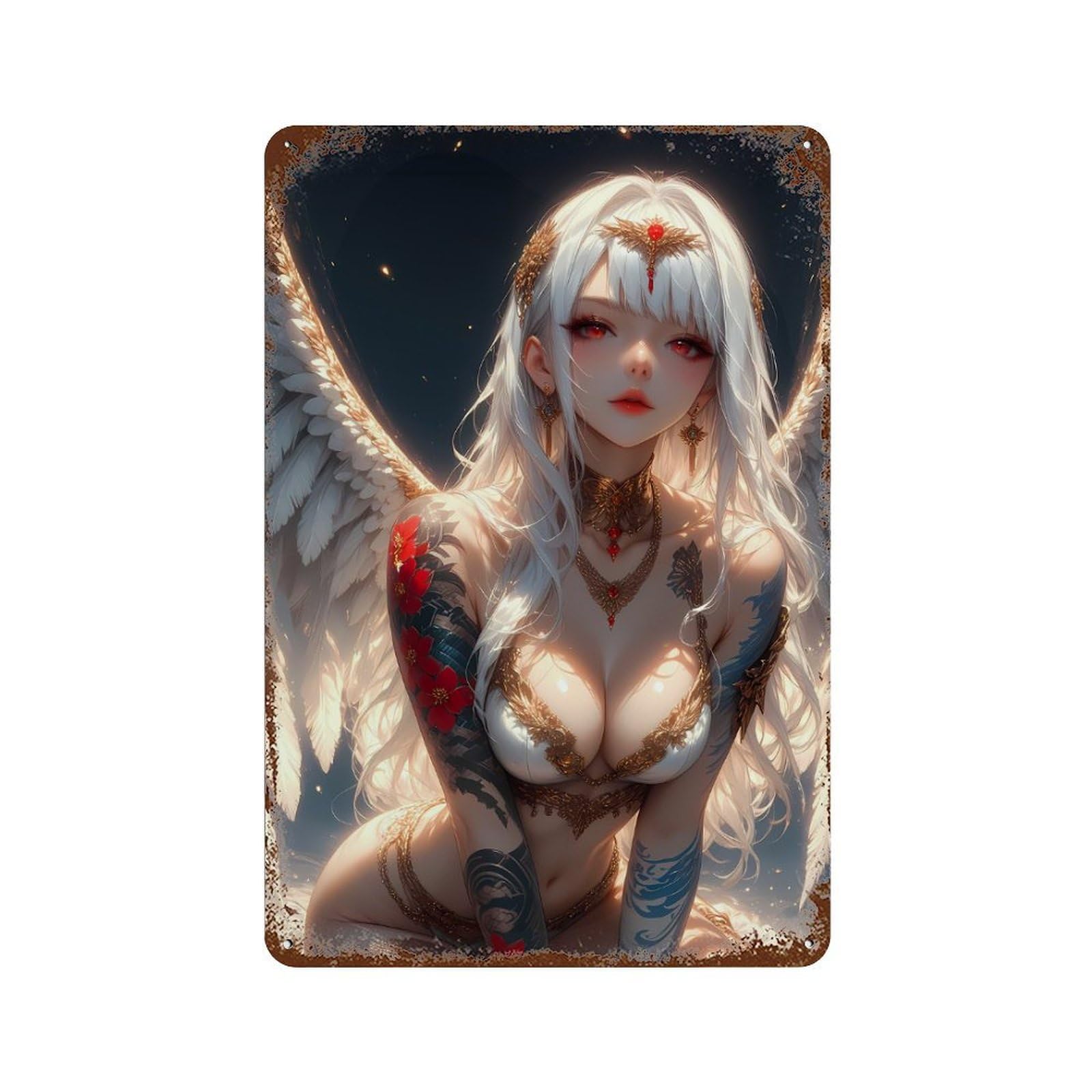 Angelic Beauty 11.8"x7.9" Distressed Metal Wall Sign, Retro Wall Decor for Garage, Bar And Workshop Decor