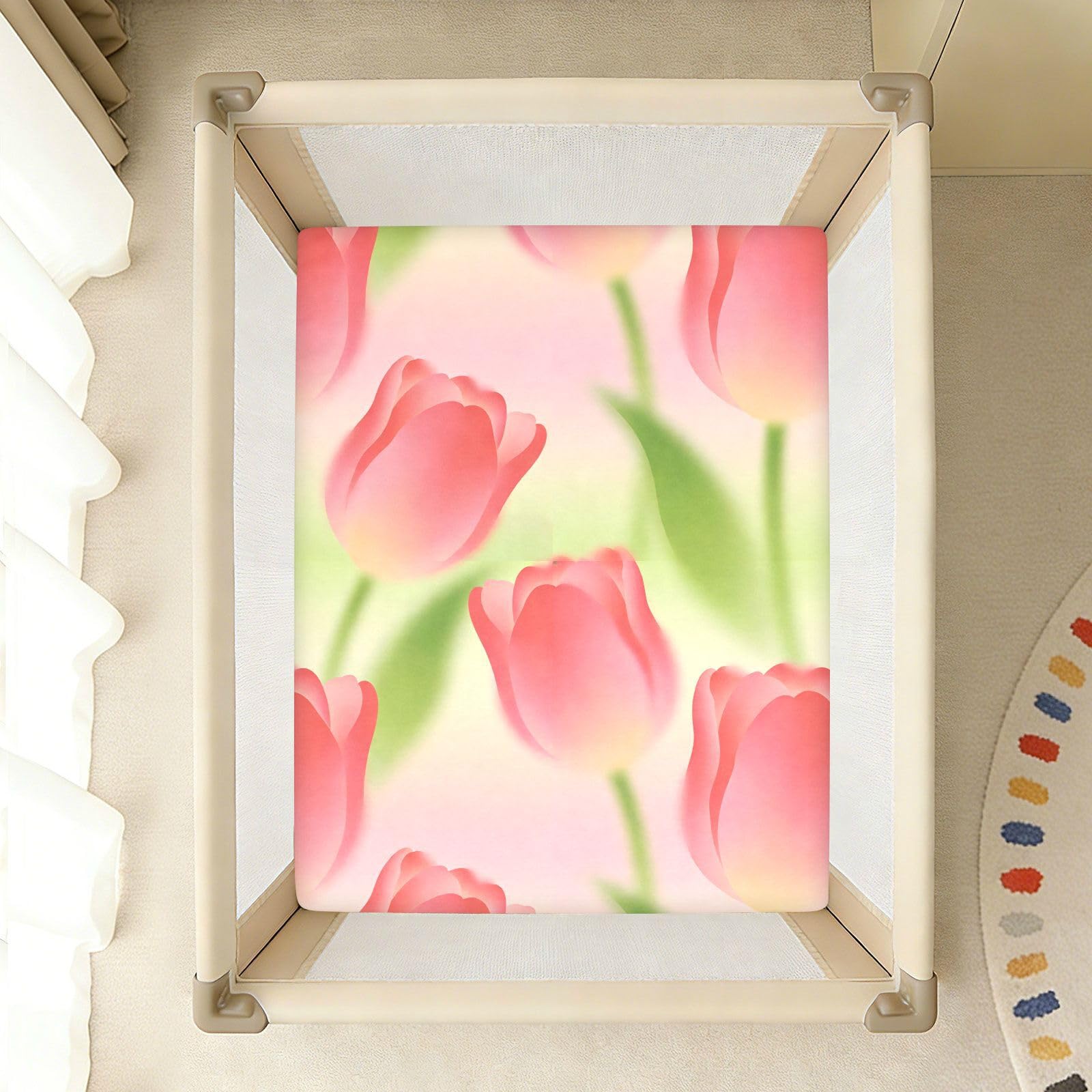 Sábanas para cuna de bebé con patrón verde de tulipanes rojos primaverales para niños y niñas, sábanas de algodón suaves y transpirables para decoración de guardería, 1 paquete de decoración para cuna