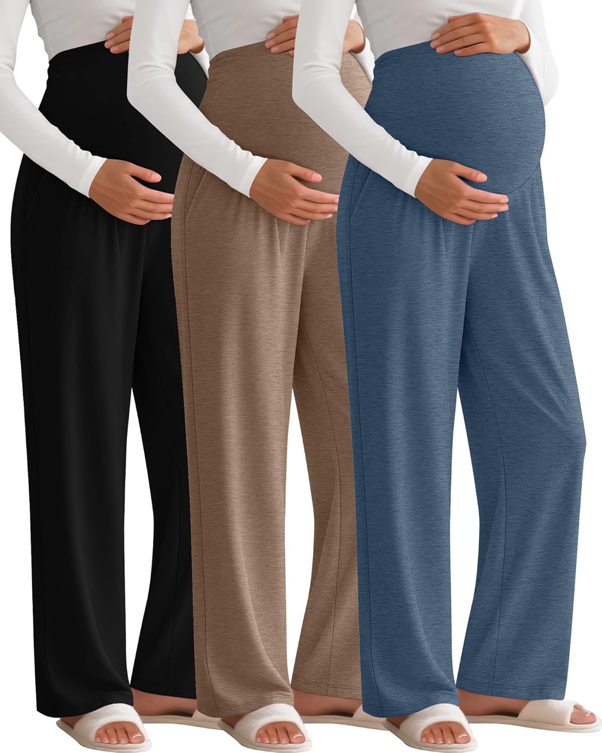 3 Pack Women's Maternity Pants Over The Belly Pregnancy Pants Stretchy Loose Wide Leg Lounge Pajama with Pockets