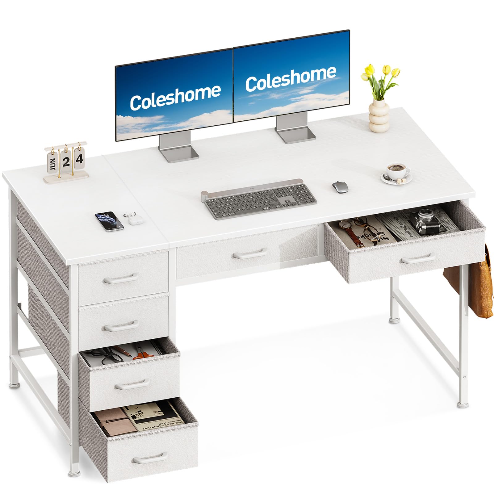 Coleshome Escritorio con 6 Cajones, 120 x 48 cm Escritorio Blanco con Espacio de Almacenamiento, Mesa Escritorio Reversible con Gancho para Auriculares para la Oficina en Casa