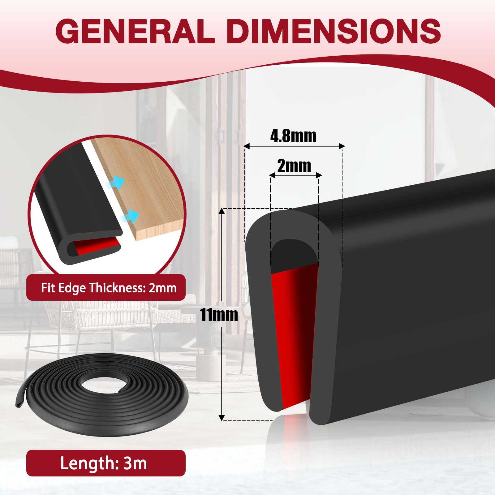Profilo In Gomma EPDM 3m A U - Protezione Bordi Per Auto, Tavoli E Pannelli