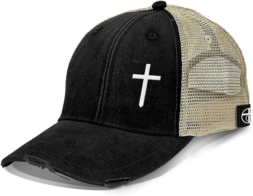 Embroidered Cross Christian Trucker Hat - Adjustable Fit Cotton Snapback Hat - Breathable Mesh Side for Casual Wear