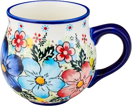 13oz Ceramic Coffee Mug, Hand-Painted Floral Polish Pottery Style Cup, Large Stoneware Tea Mug with Handle, Microwave & Dishwasher Safe Flower A