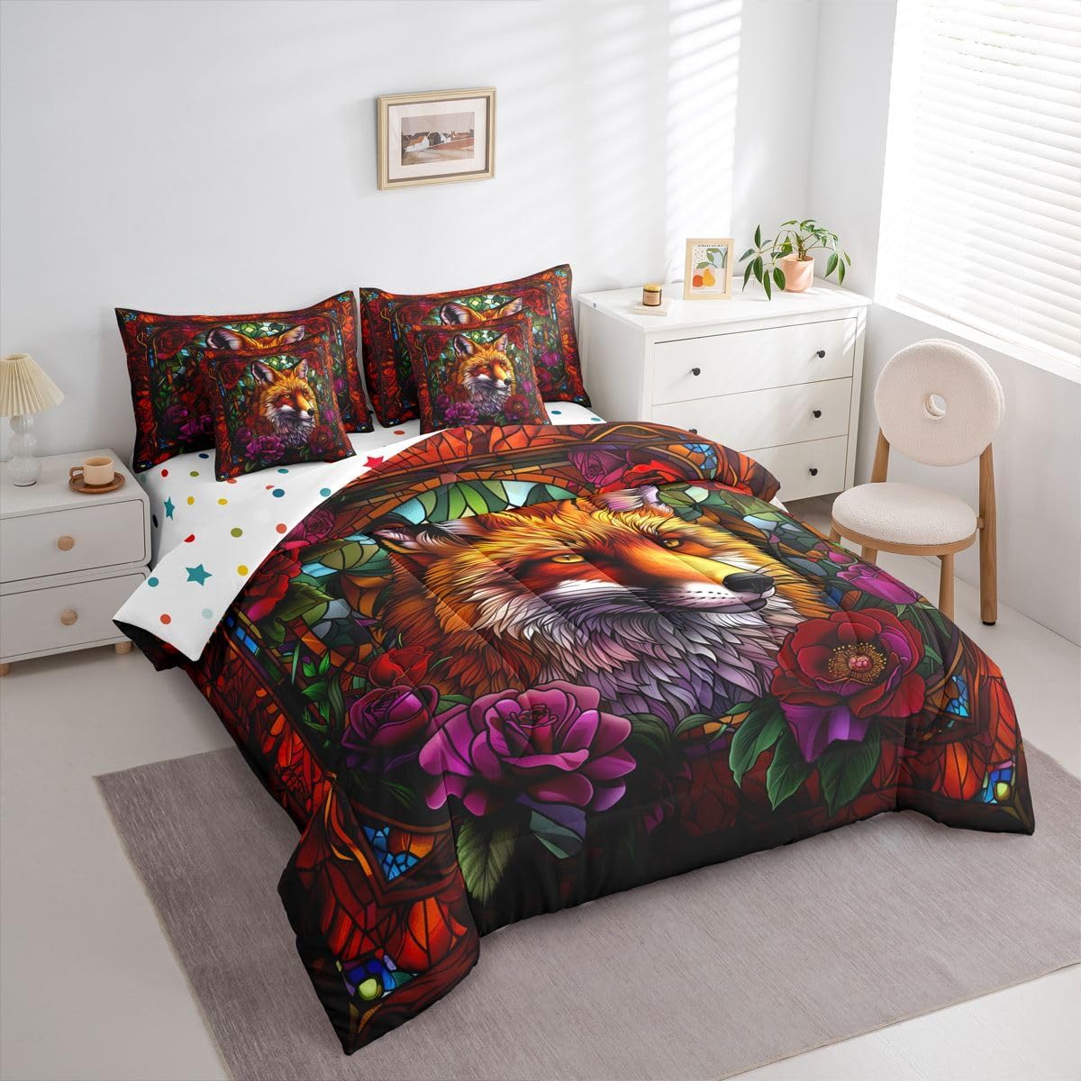 Manfei Fox Full Size Comforter,Flower Leaves Glass Art Boho Bedding Set 7 Piece,Cute Animal Abstract Decor for Boys Girls,Red Orange(Fitted+Sheet+2 Pillowcases+2 Throw Pillow Covers) image 5