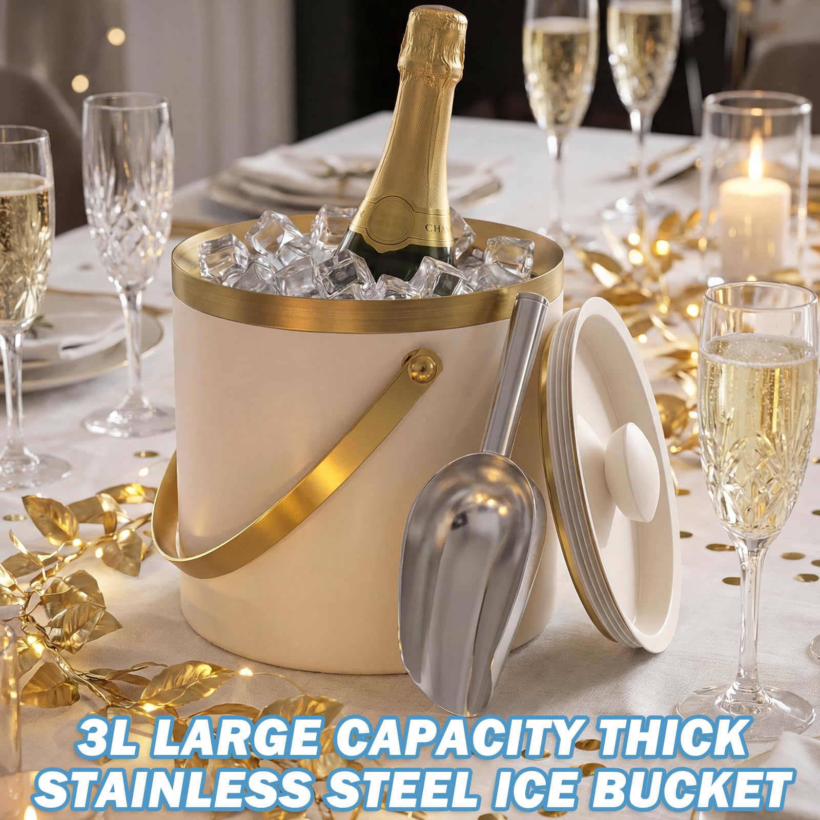Seau à glaçons en acier inoxydable de 3 l, seau à glace avec couvercle et pelle, double paroi sans BPA, idéal pour refroidir la bière, le champagne et le vin (blanc/doré)