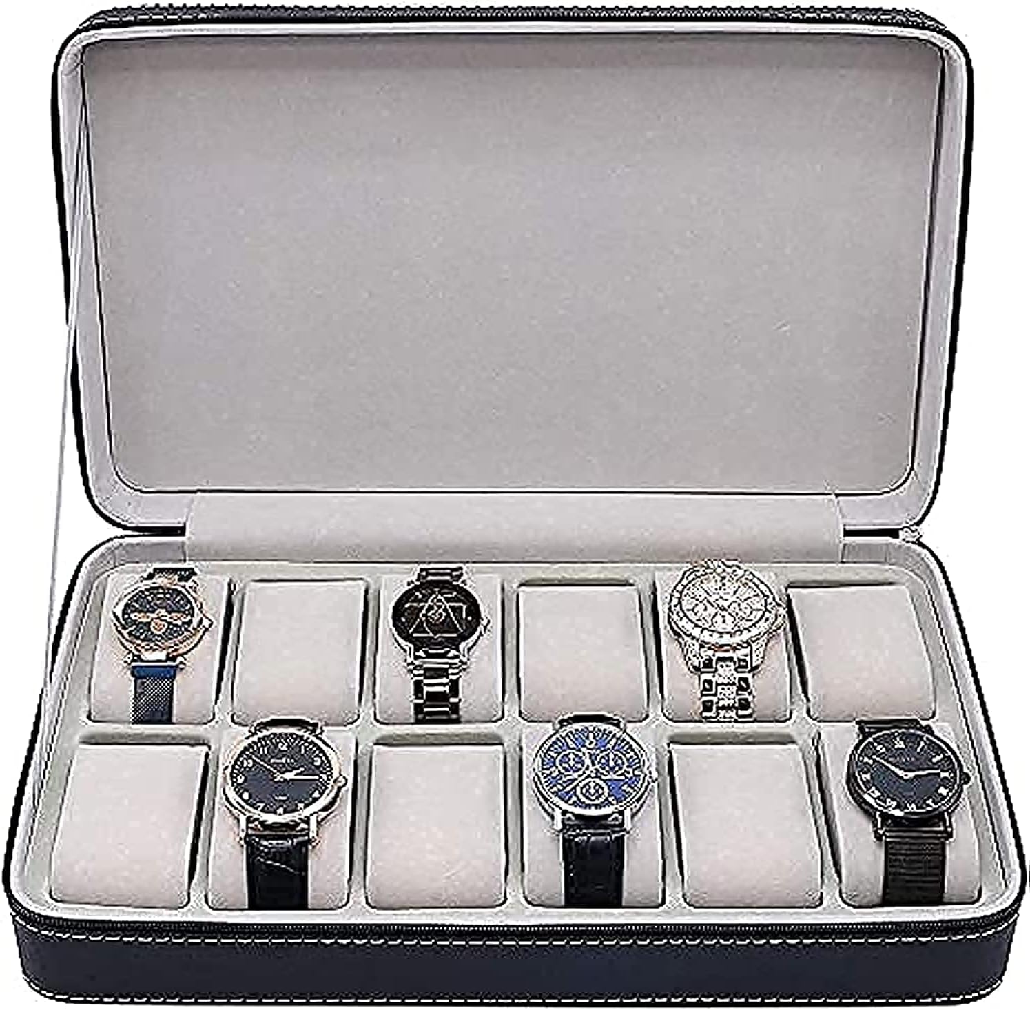 Padom Watch Box Portable Travel Zipper Case Collector Storage, portable zipper watch box PU leather watch box (12 Slot)