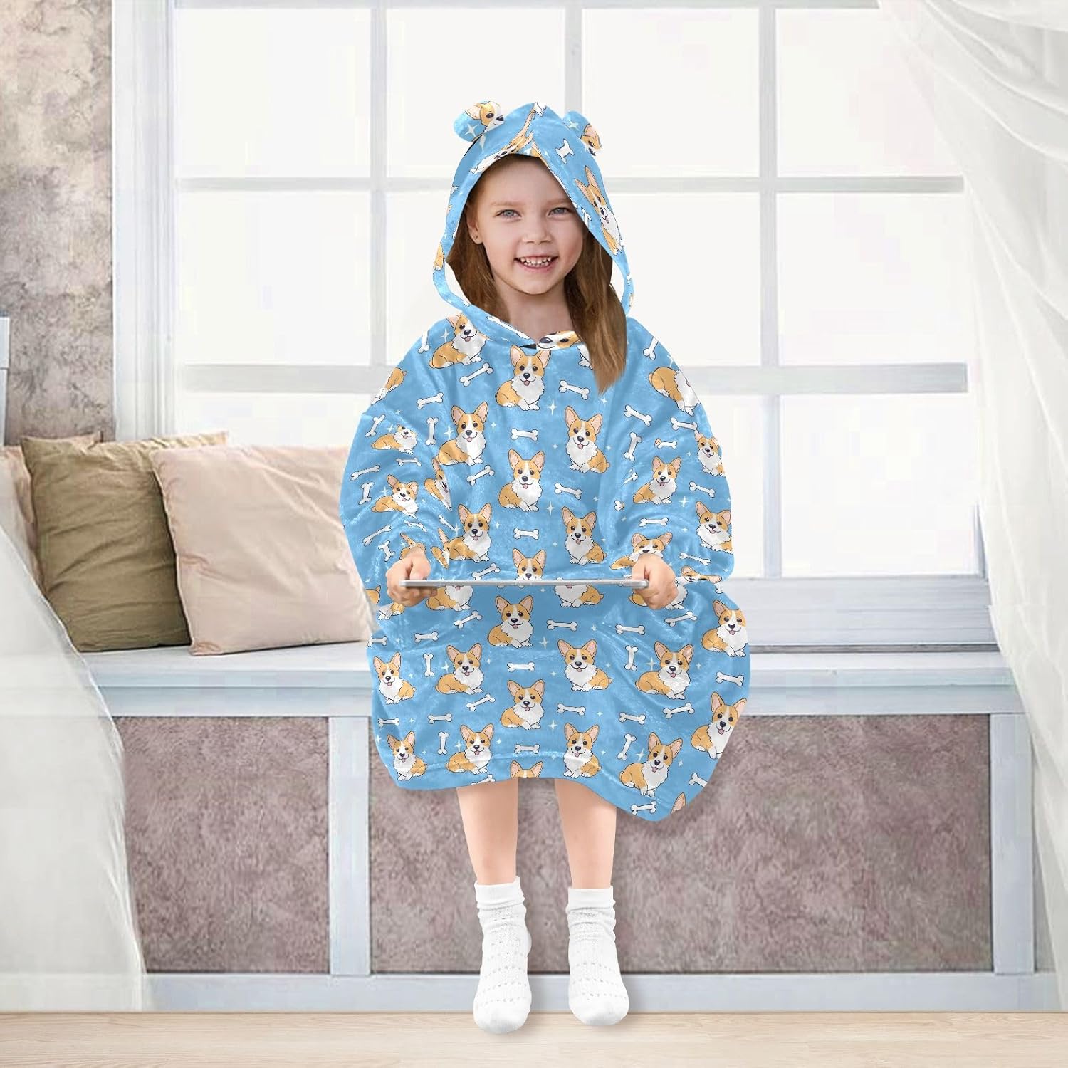 Corgi Dog with Bones Wearable Blankets for Kids, Soft Warm Cozy Blanket Hoodie for Boys Girls with Pocket