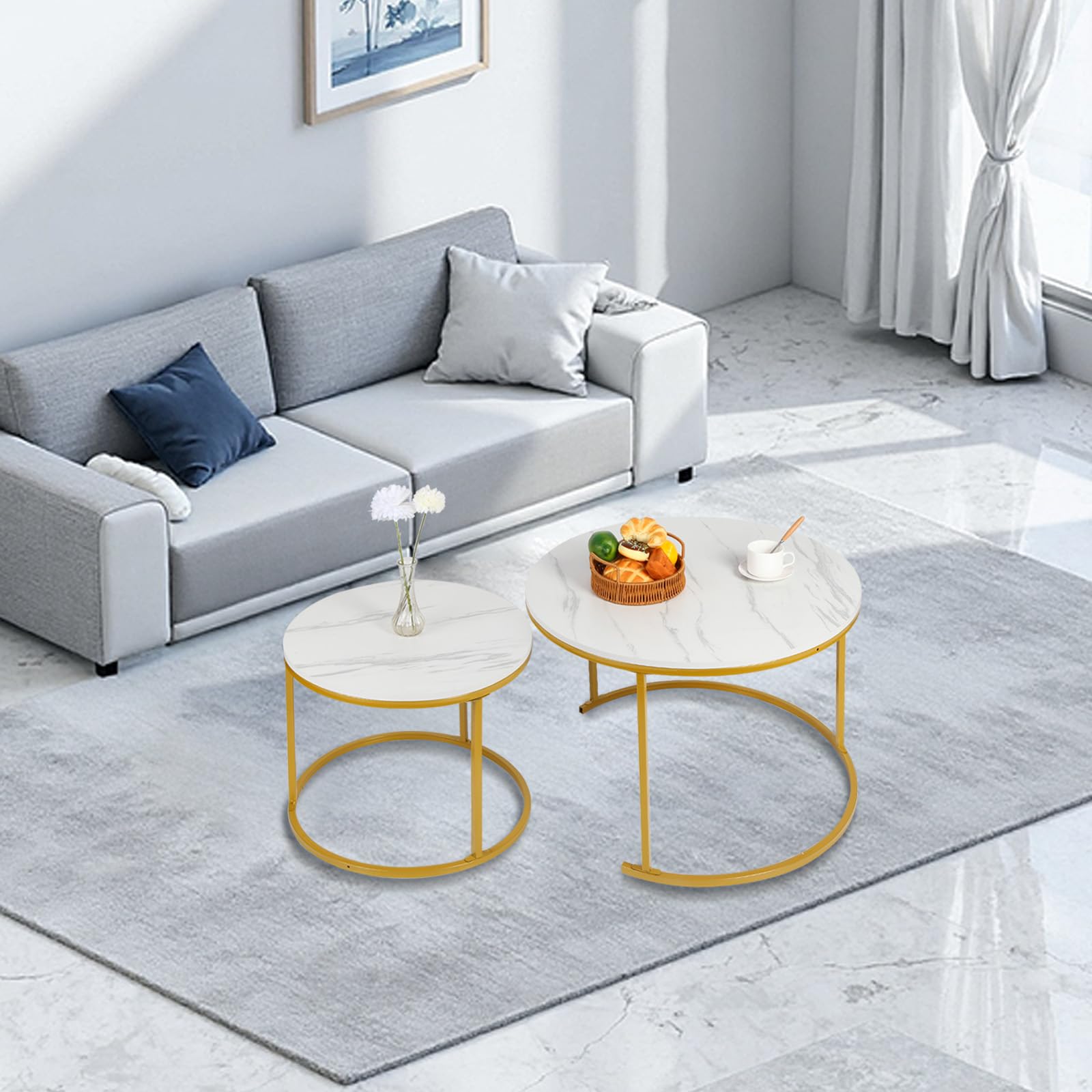 OHMG Set de 2 Tables Gigognes Rondes,Tables Basses,70/50cm,Table d'appoint Ronde,Design Moderne,Table de Salon en marbre,avec Pied en Acier (Blanc+or-70 * 70 * 45cm)