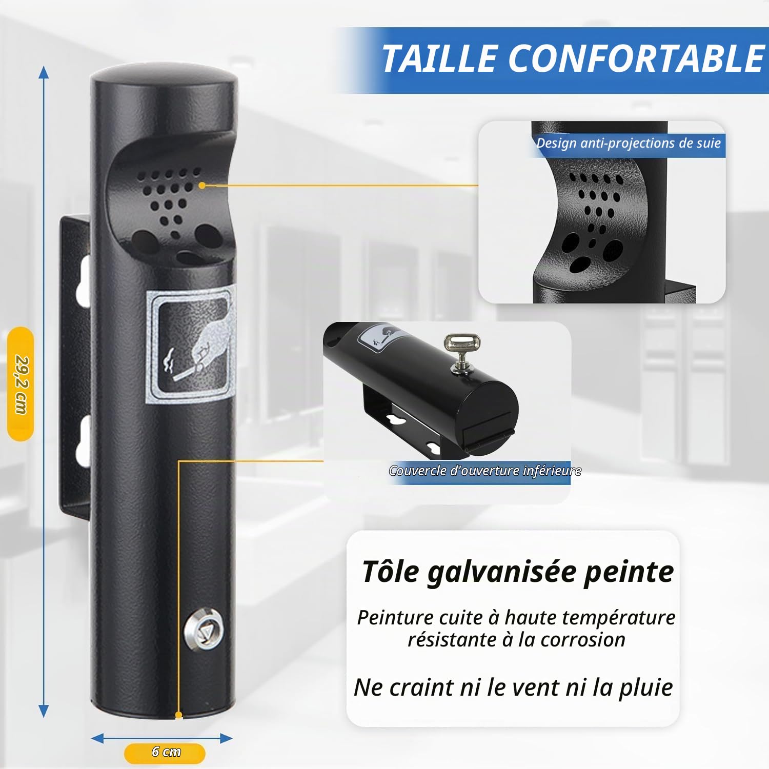 2 Pièces Cendrier Exterieur Mural, Poubelle Murale en Acier Inoxydable, Étanche Tubulaire Cendrierpublic pour Terrasse avec Serrure, Pour Terrasse, Pub, Bar, Bureau, Hôtel, Noir