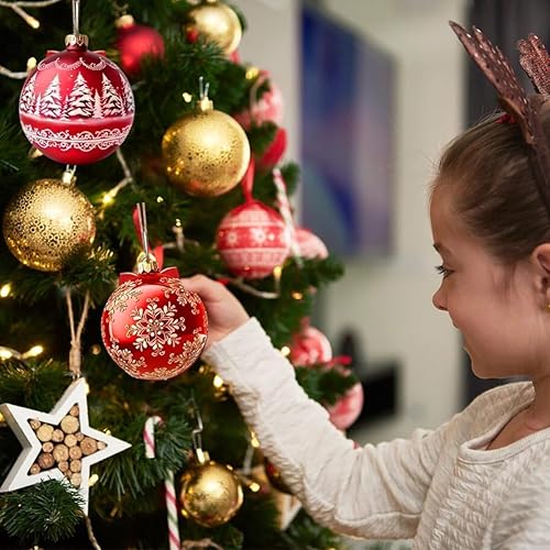 Miniatura 4 de 12 adornos de madera de Navidad, bolas de regalo rojas, decoración de árbol de Navidad, copos de nieve, adornos colgantes con diseño de impresión de
