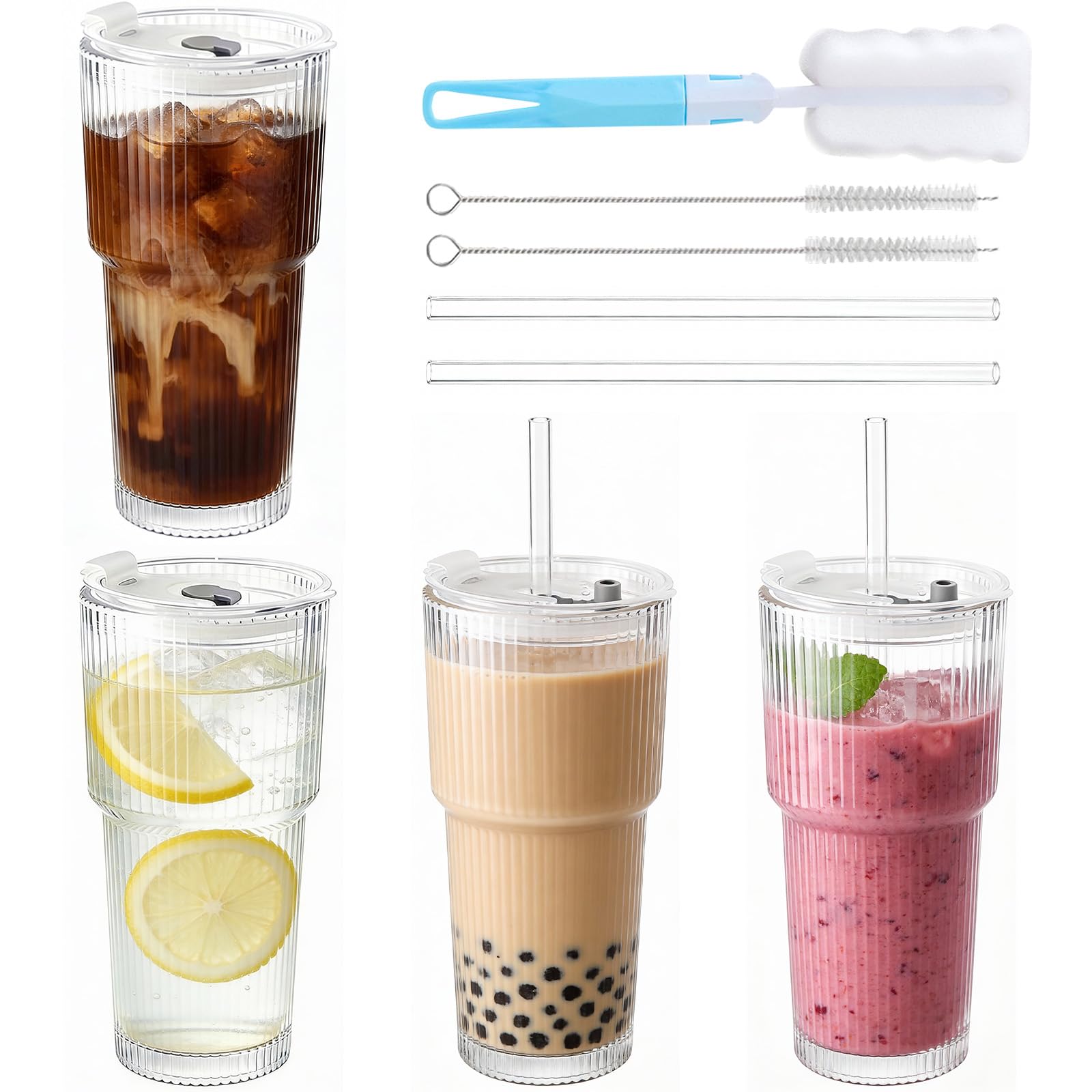 NBOUOU Iced Coffee Cup 4 Pack, Glass Cups with Lids and Straws 600 ml, Ribbed Glass for Smoothie Cup, Cocktail, Whiskey, Soda, Cold Drinks, Juice