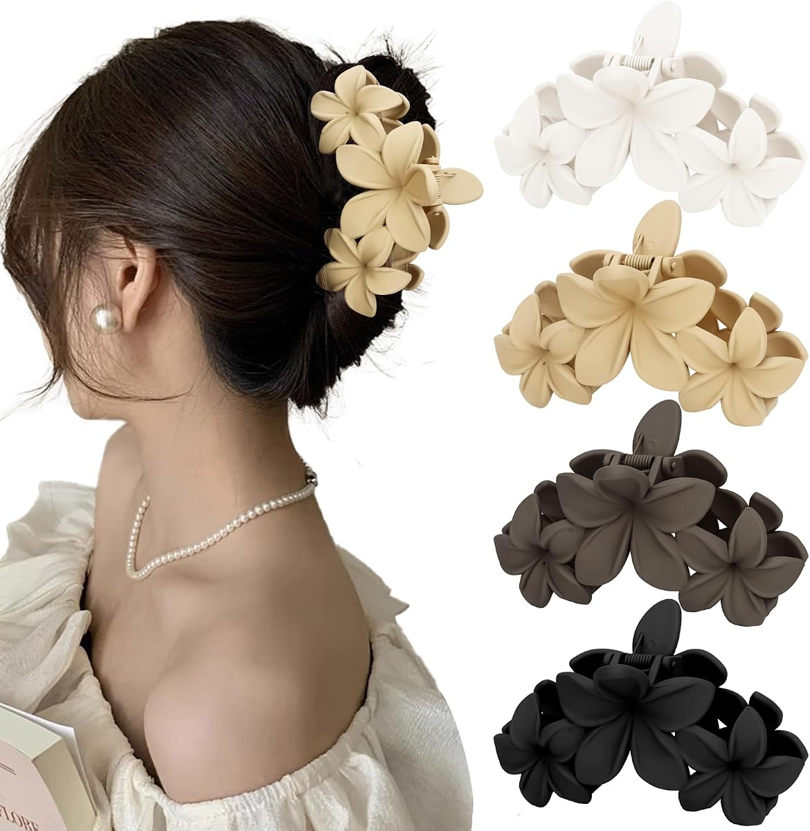 Matte Flower Hair Accessories - 4PCS Large Plumeria Hawaiian Hair Clips with Strong Hold for Women, Non-Slip and Cute
