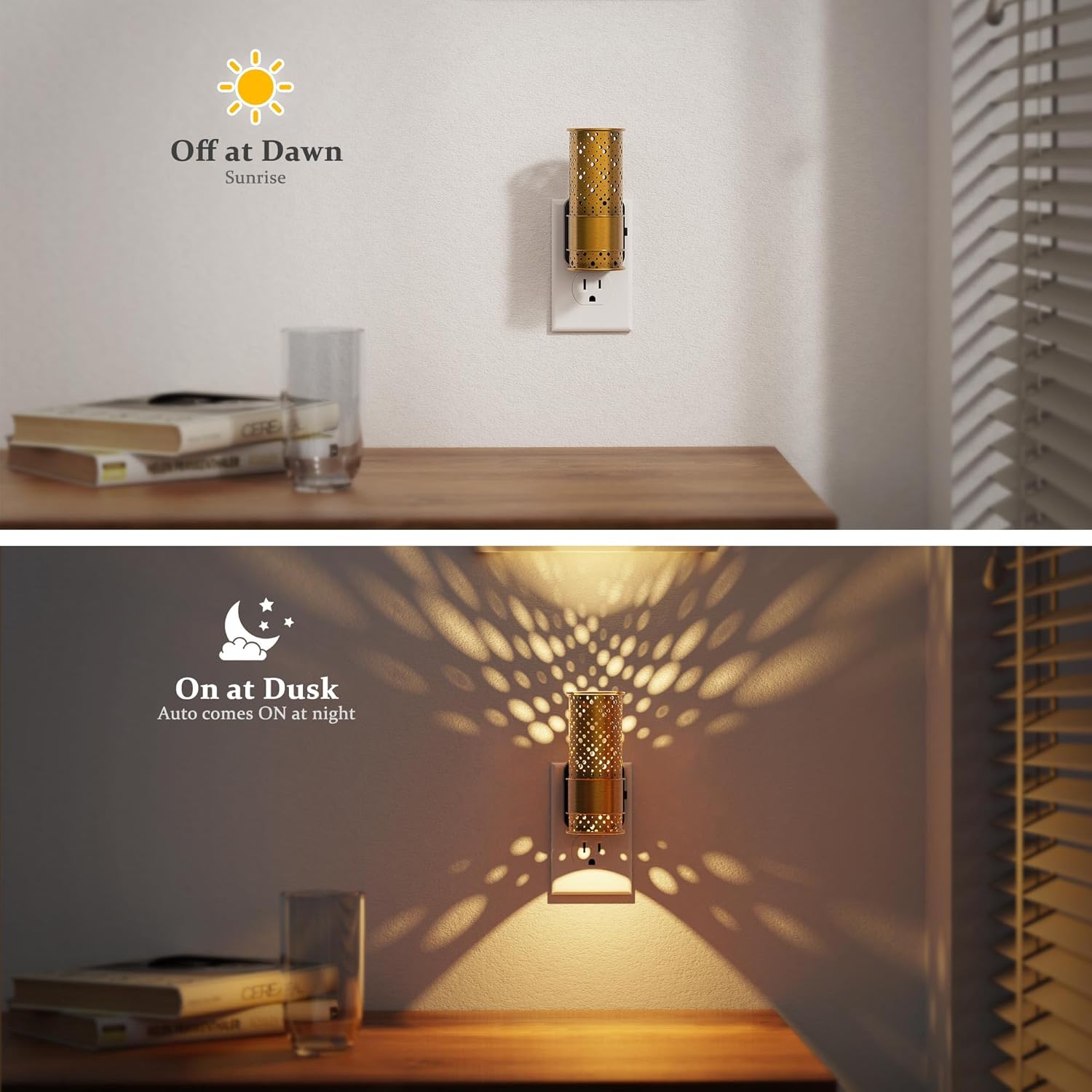 JandCase Night Lights Plug into Wall, Aesthetic Nightlight with Metal Shade, 3000K Warm White 0-100LM Adjustable Brightness, Dusk to Dawn Sensor Plug in Night Light for Bathroom Hallway[2 Pack]