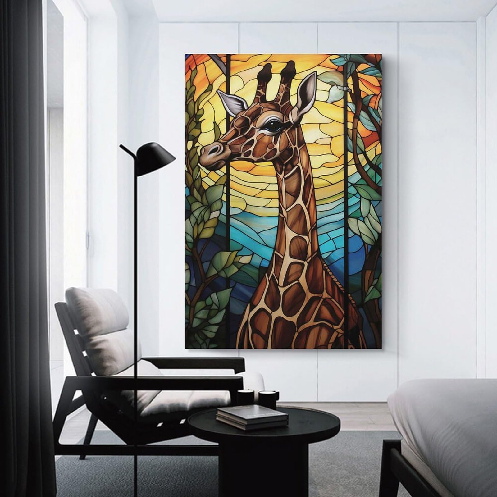 Junmoney Hanging Wall Art Stained Glass Giraffe Portrait, 24x36inch(60x90cm), for Work Areas, Reading Rooms Or Studios, Wall Art That Adds Style to Work Areas