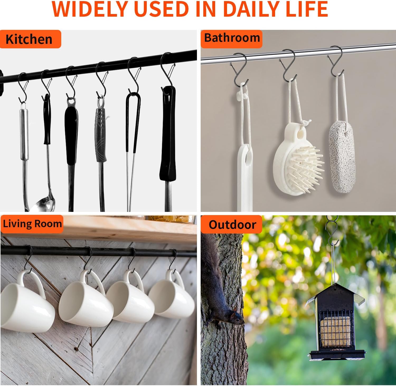 12 Pack Large S Hooks for Hanging Plants with Safety Buckle- Heavy Duty Solid Metal Steel Black S Shaped Closet Hooks for Hanging Plants, Kitchen Utensils, Jeans, Bags, Pots, 4 inch, Fit Most of Rod