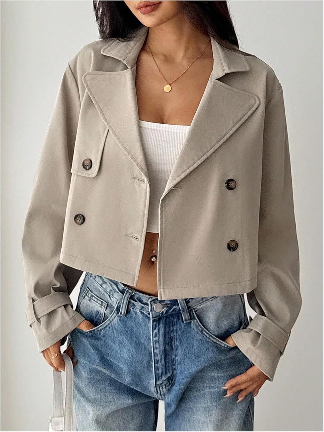 GORGLITTER Women's Cropped Trench Coat Lapel Button Down Long Sleeve Casual Jacket Outwear Fall Outfits 2025 - Image 3