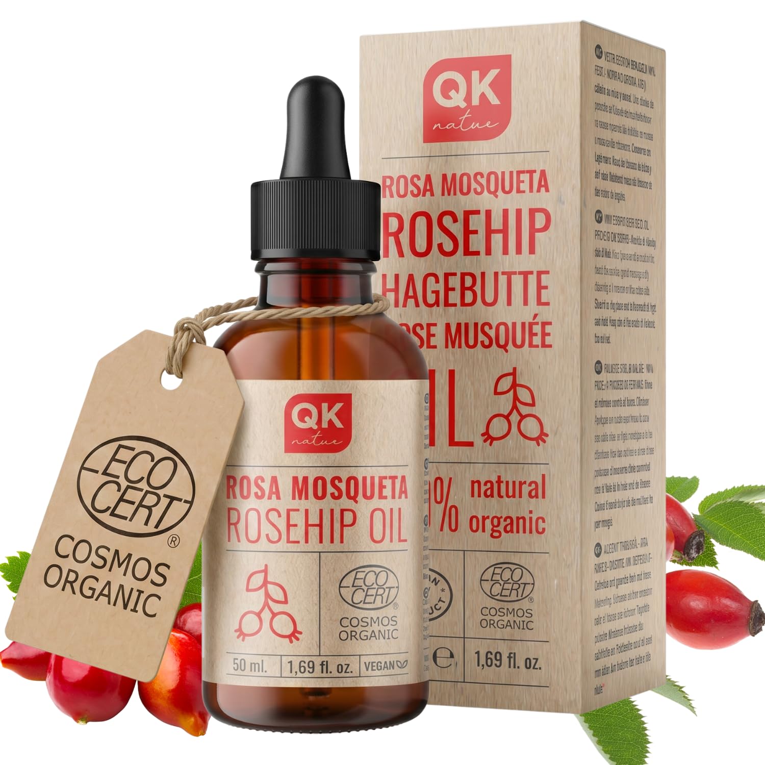 Olej z dzikiej róży, 100% czysty organiczny wegański - 50 ml - na blizny i rozstępy - Przeciwzmarszczkowy, przeciwstarzeniowy - BIO - Tłoczony na zimno