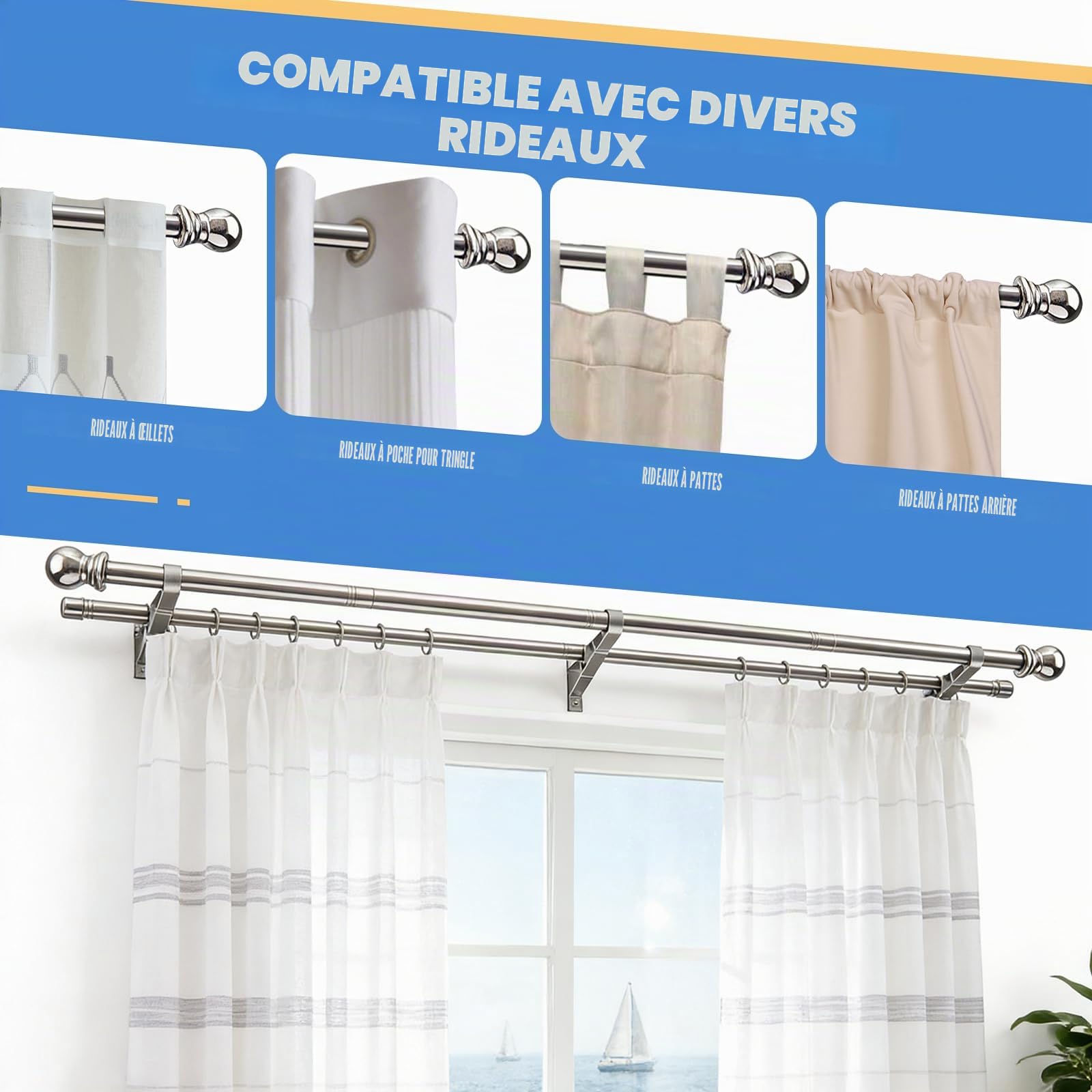 Double tringle à rideaux réglable de 2,5 cm pour porte coulissante en verre, terrasse, chambre à coucher, argenté - 76 à 218 cm