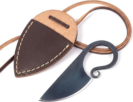 VikingsBrand - Hand Forged Viking-styled Knife Leather Sheath | Unique Gifts for Men and History Lovers | Damascus Steel Celtic Knife with Leather Necklace Cord | Brown Leather Sheet