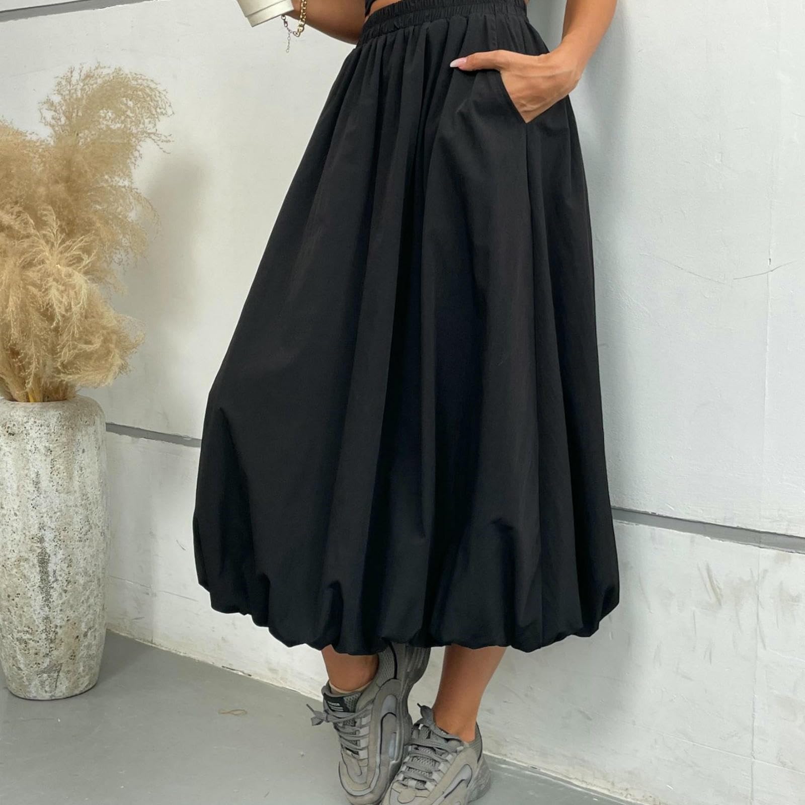 Faldas Falda Tulipán Holgada, Estilo Urbano, Cintura Elástica, Midi Hinchada-Gris-XL