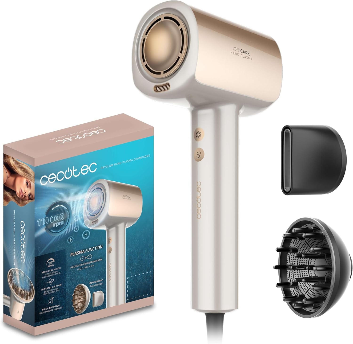 Cecotec DryGlam Nano Plasma Saç Kurutma Makinesi, Fırçasız Motor, 1600W, 110000 RPM, İyon Teknolojisi, Champagne Rengi, Difüzör ve Yoğunlaştırıcı Başlık Dahil