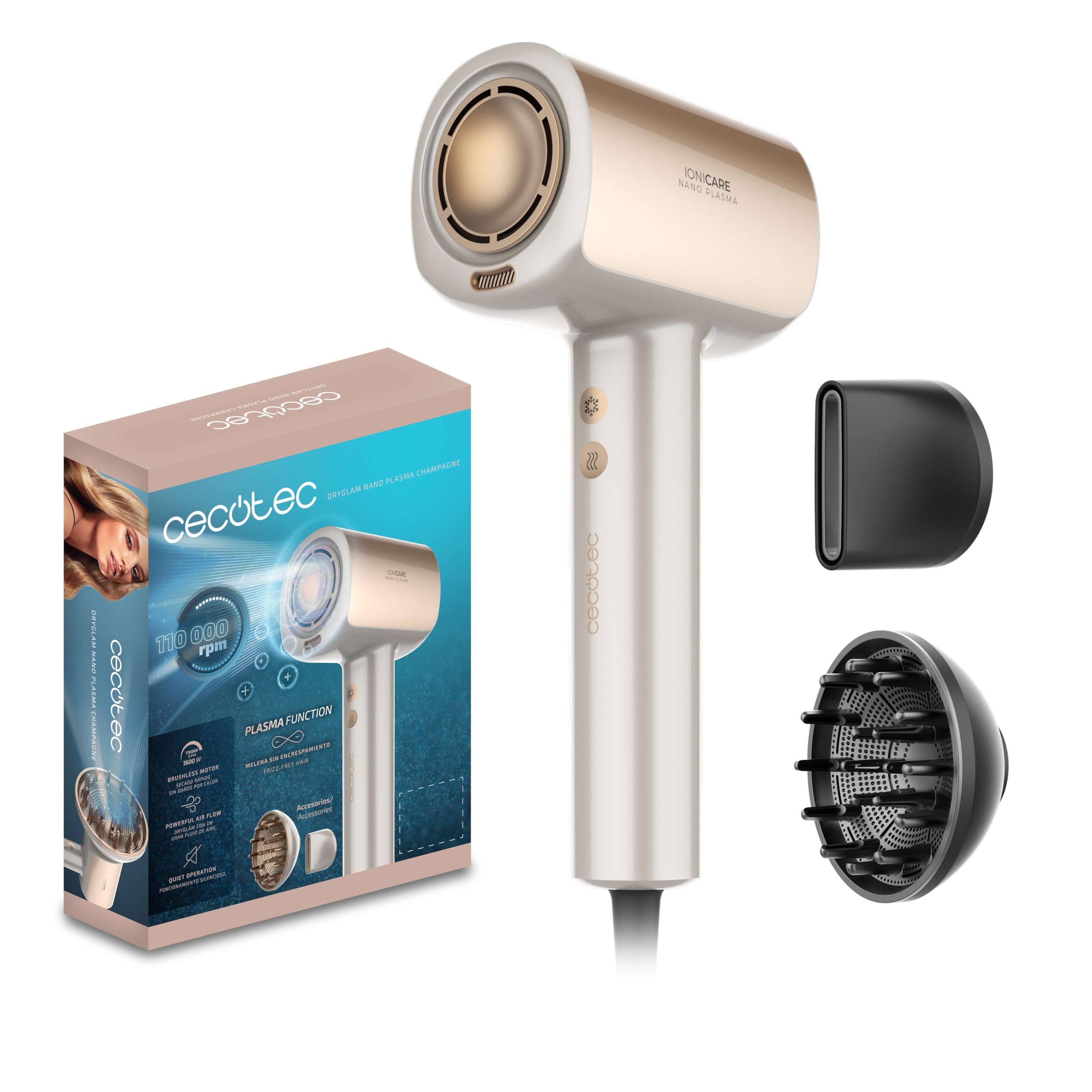 Cecotec Secador de Pelo Brushless de Última Generación DryGlam Nano Plasma Champagne. Potencia de 110,000 RPM y 1600W, Función de Plasma, Gran Flujo de Aire, Duradero, 3 Temperaturas y 3 Velocidades