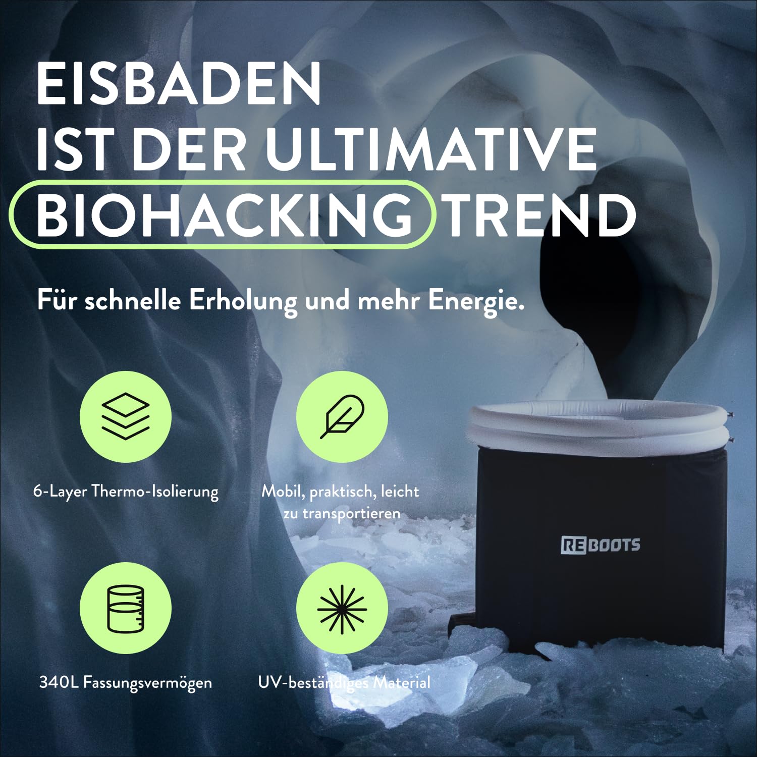 Premium Eisbad Eistonne Ø 75 cm (340 L) – 6-lagig isoliert für Eisbaden | Für Zuhause & Outdoor inkl. Isolierabdeckung & Tragetasche