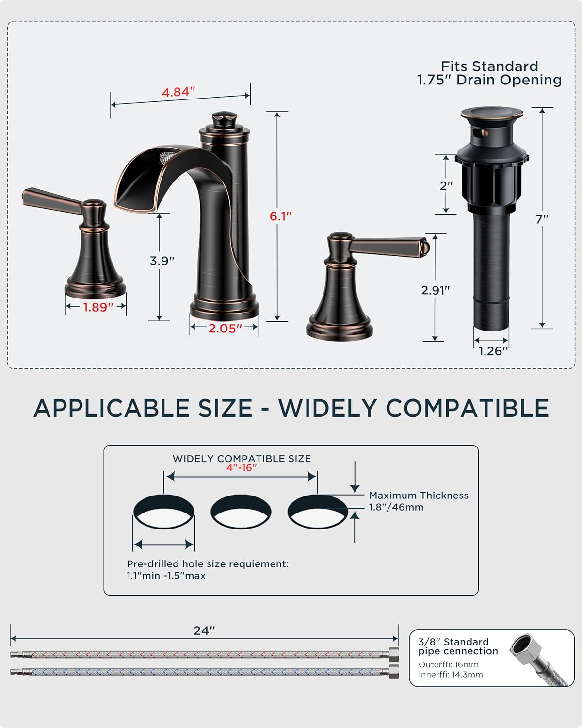 FORIOUS Oil Rubbed Bronze Bathroom Faucet 3 Hole or 8 Inch Widespread Tap, 2 Handle Brass Waterfall Faucet for Bathroom Sink 3 Hole with Mteal Pop-up Drain and CUPC Supply Line, for 6-12” ORB Vanity